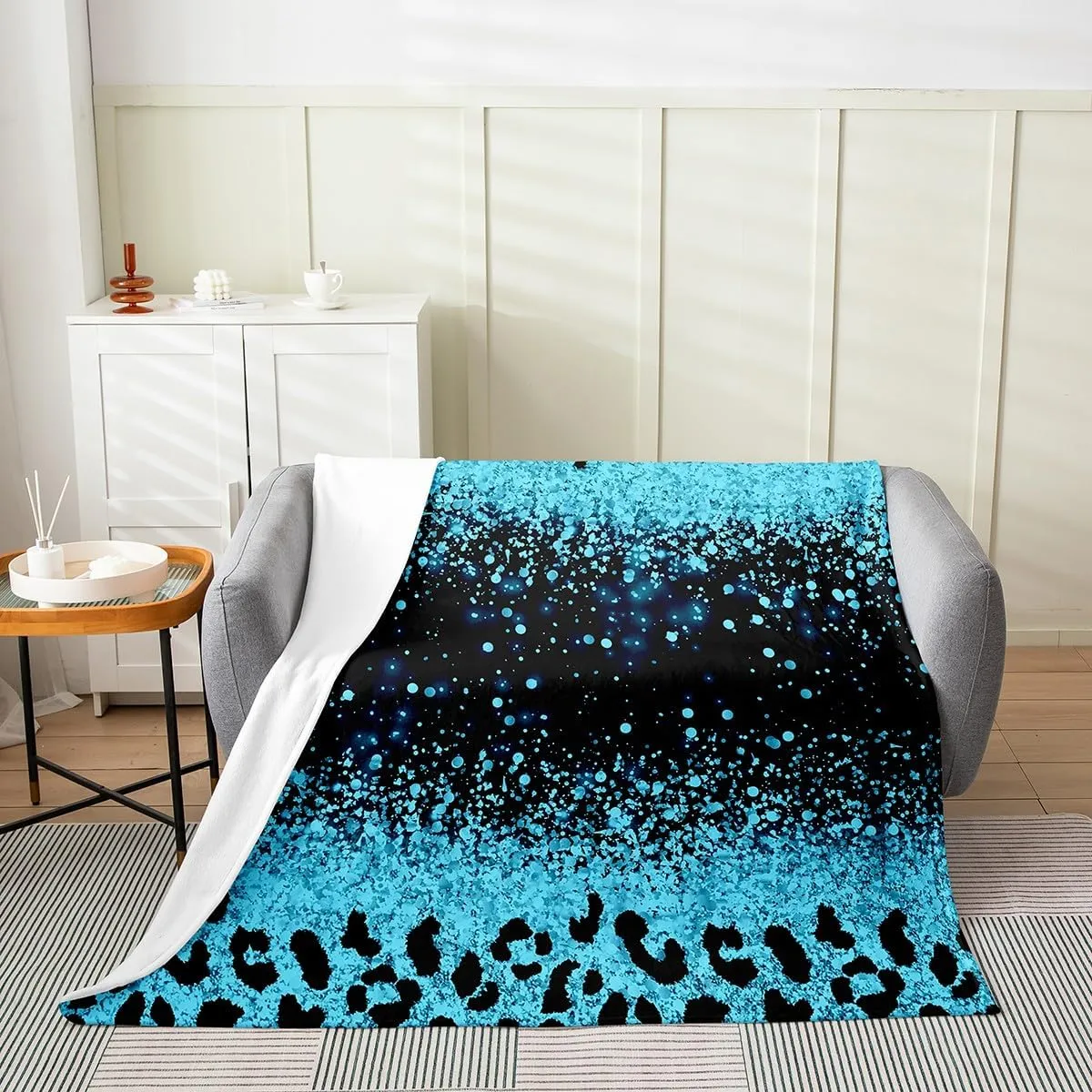 jejeloiu Leopard Glitter Print Plush Blanket Queen 90"x90" for Ombre Blue (Not Glitter) Flannel Fleece Throw Blanket Glitter Leopard Fuzzy Blanket Glam Glitter Art Prints All Season Bed Blanket Soft