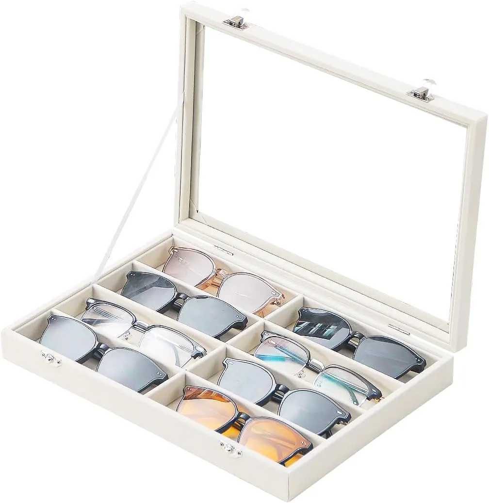 Jewelry Sunglasses Organizer Tray, Beige Velvet Eyeglasses Display Tray Box, Glasses Organize Storage Holder for Home Desk or Selling Show Display (with Lid)