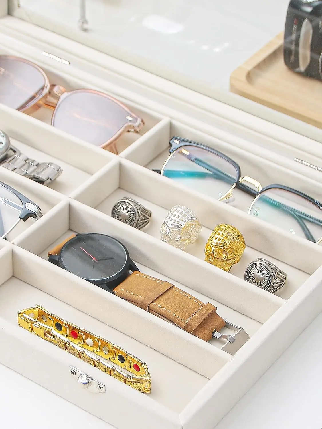 Jewelry Sunglasses Organizer Tray, Beige Velvet Eyeglasses Display Tray Box, Glasses Organize Storage Holder for Home Desk or Selling Show Display (with Lid)