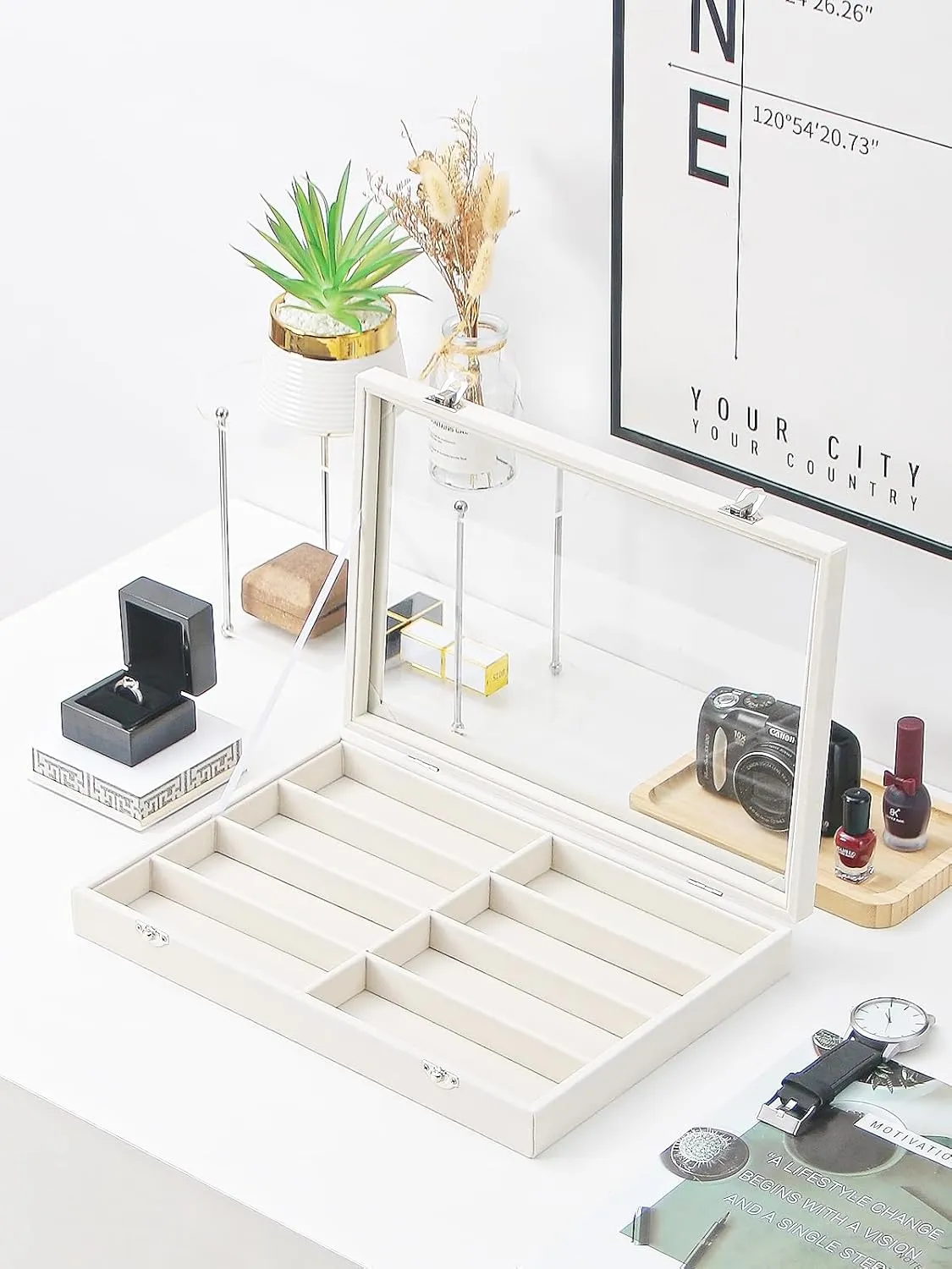 Jewelry Sunglasses Organizer Tray, Beige Velvet Eyeglasses Display Tray Box, Glasses Organize Storage Holder for Home Desk or Selling Show Display (with Lid)