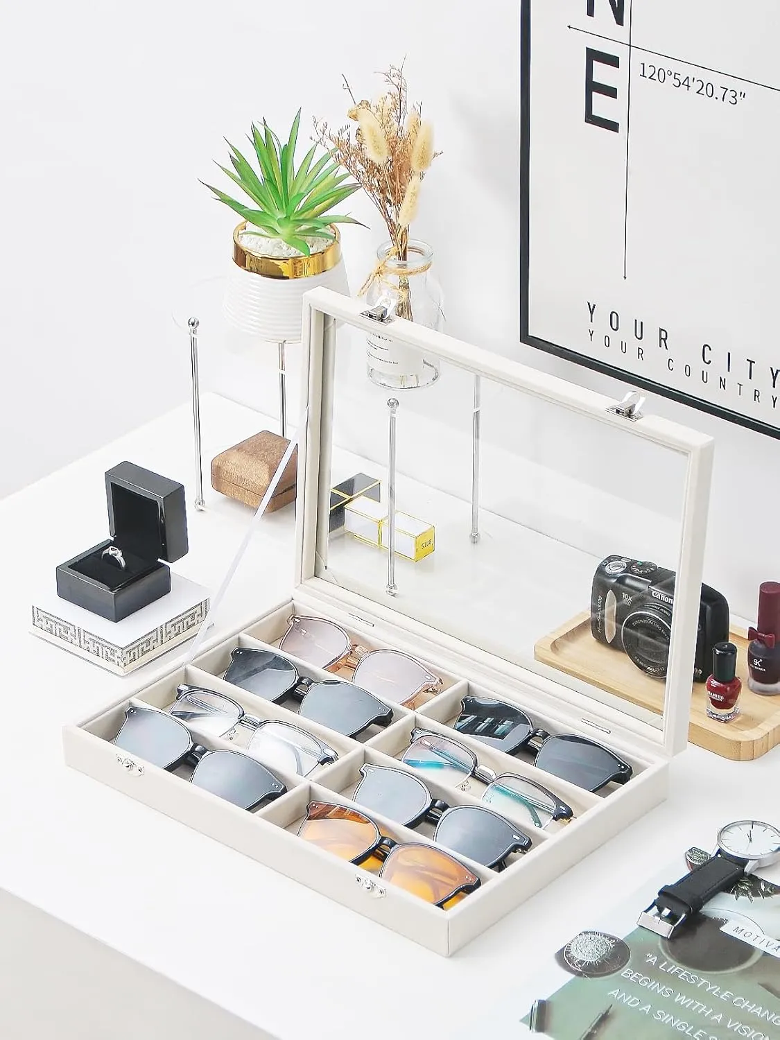 Jewelry Sunglasses Organizer Tray, Beige Velvet Eyeglasses Display Tray Box, Glasses Organize Storage Holder for Home Desk or Selling Show Display (with Lid)