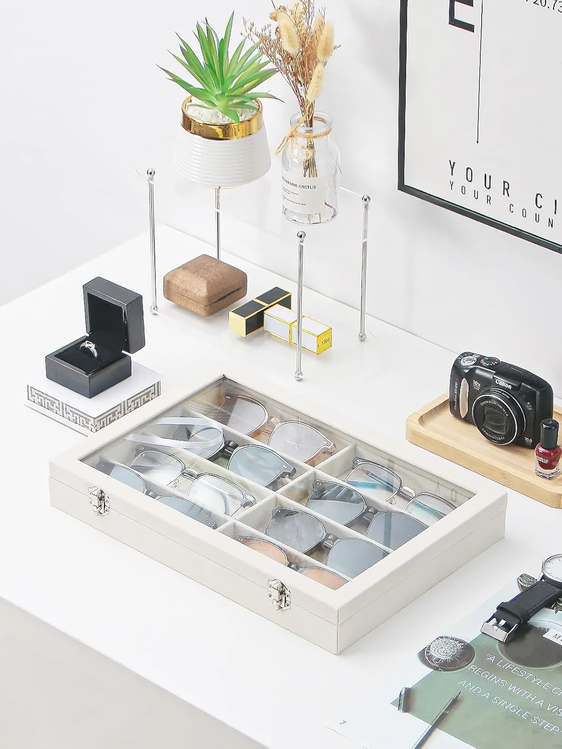 Jewelry Sunglasses Organizer Tray, Beige Velvet Eyeglasses Display Tray Box, Glasses Organize Storage Holder for Home Desk or Selling Show Display (with Lid)