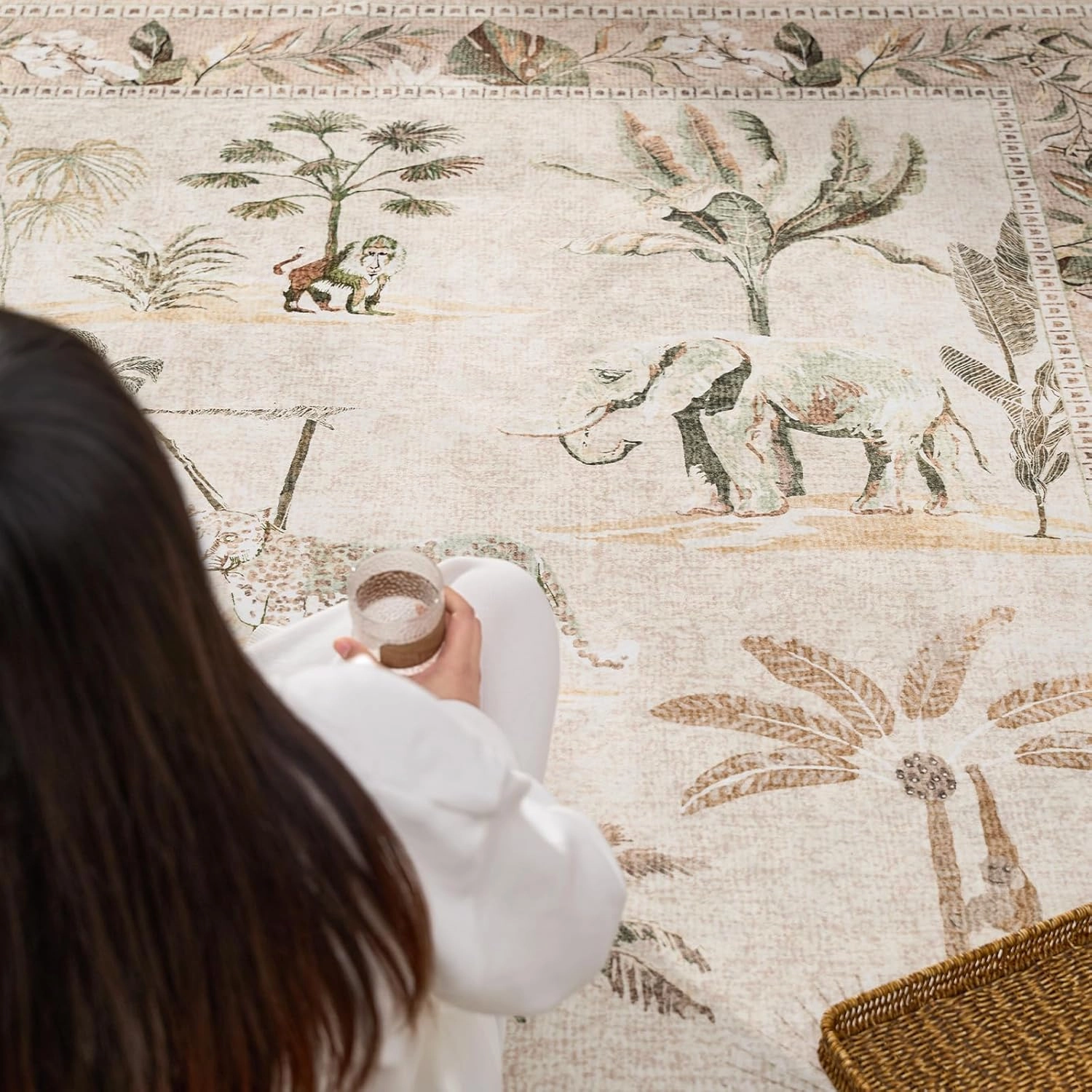 jinchan 2x3 Beige Jungle Rugs for Entryway,Washable Throw Rugs Animals Print Kitchen Mats,Indoor Doormat Ultra-Thin Low-Pile Non-Slip Soft Botanical Carpet for Bedroom Bathroom Entrance (2'x3',Beige)