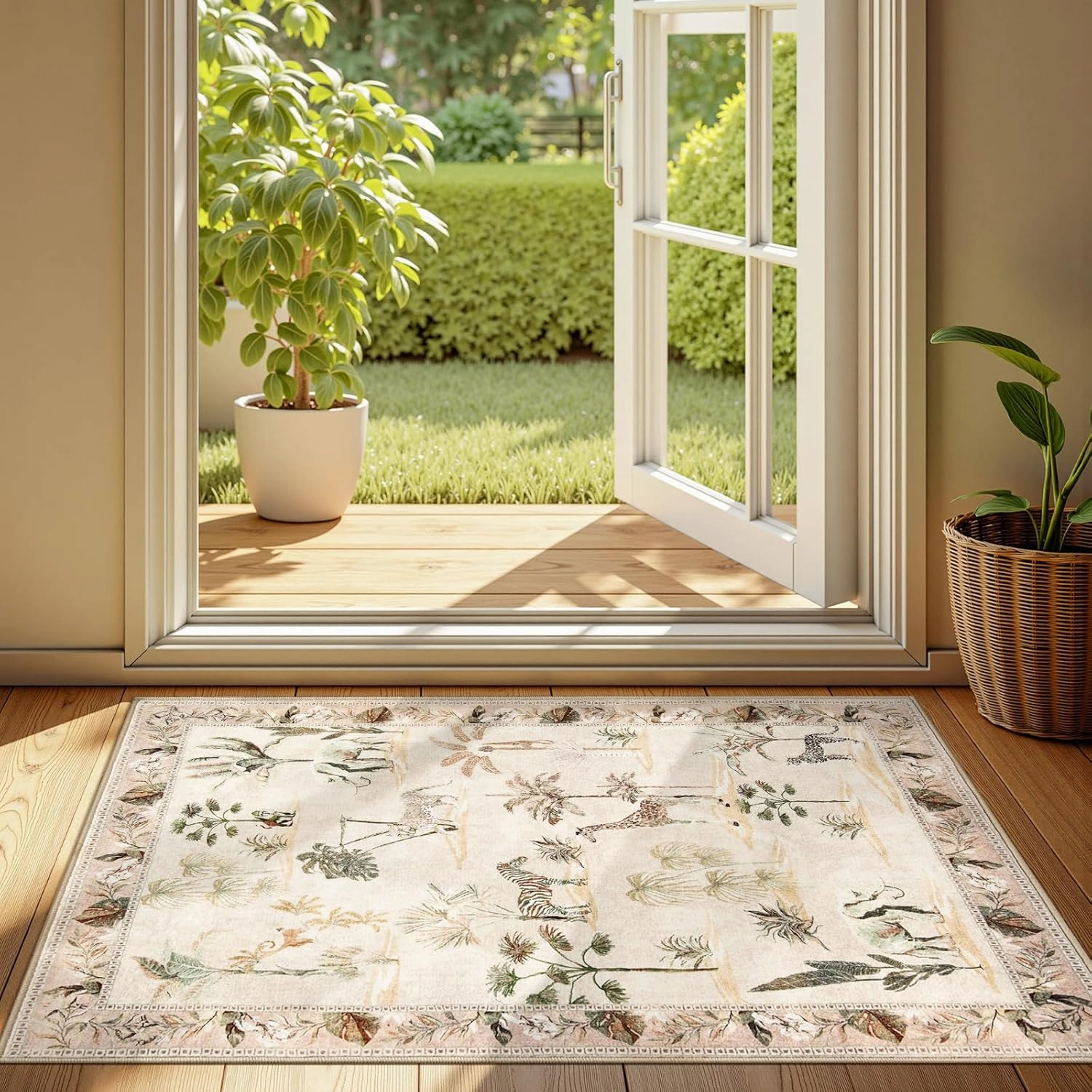 jinchan 2x3 Beige Jungle Rugs for Entryway,Washable Throw Rugs Animals Print Kitchen Mats,Indoor Doormat Ultra-Thin Low-Pile Non-Slip Soft Botanical Carpet for Bedroom Bathroom Entrance (2'x3',Beige)