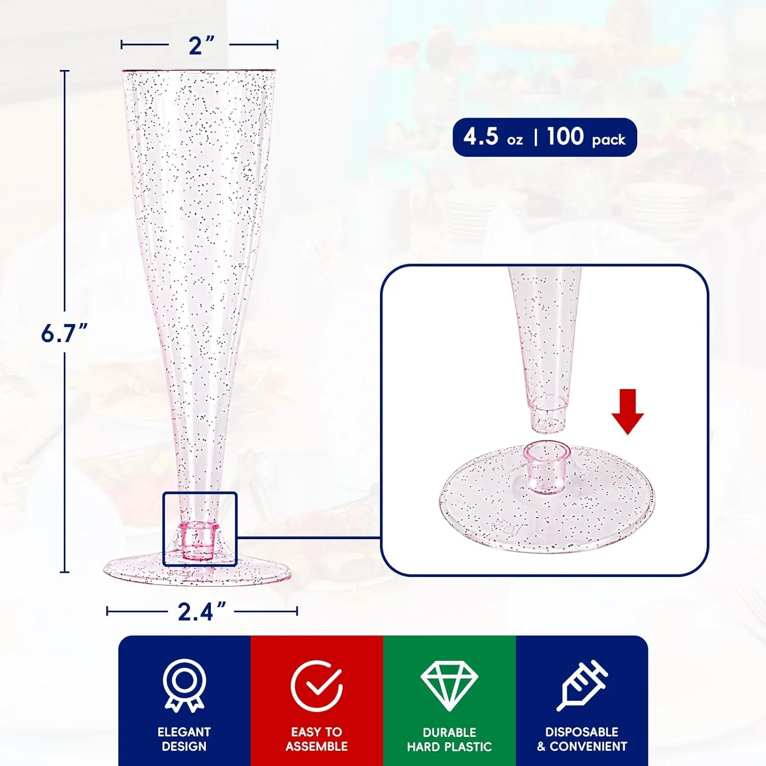 JOLLY CHEF 100 Pack Plastic Champagne Flutes Disposable 4.5 oz Purple Glitter Plastic Champagne Glasses Perfect for Wedding, Thanksgiving Day, Christmas