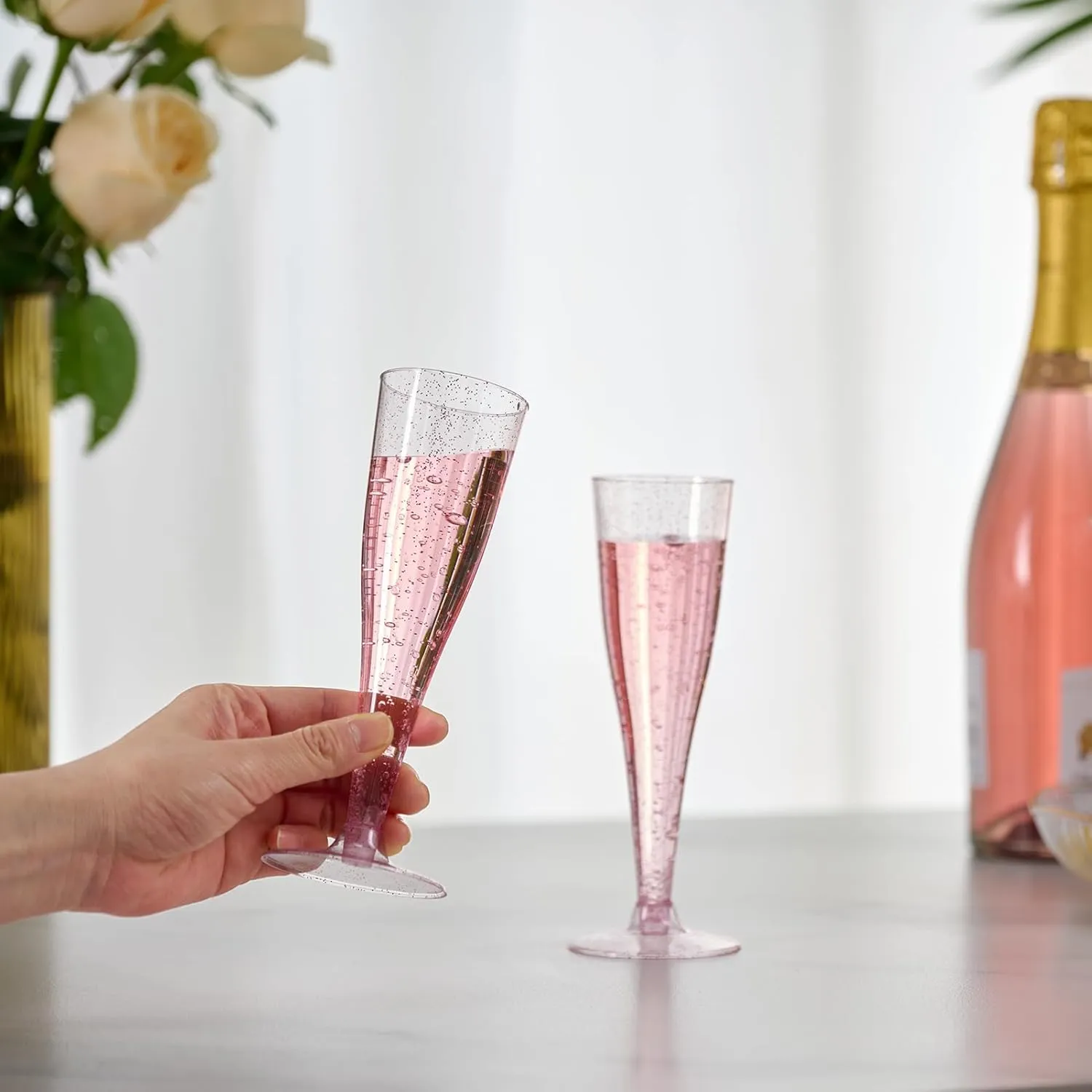 JOLLY CHEF 100 Pack Plastic Champagne Flutes Disposable 4.5 oz Purple Glitter Plastic Champagne Glasses Perfect for Wedding, Thanksgiving Day, Christmas