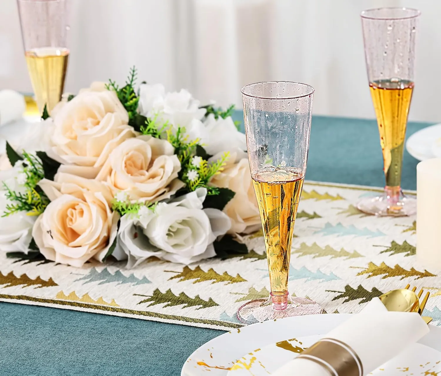 JOLLY CHEF 100 Pack Plastic Champagne Flutes Disposable 4.5 oz Purple Glitter Plastic Champagne Glasses Perfect for Wedding, Thanksgiving Day, Christmas