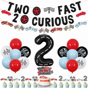 Jollyboom Two Fast Two Curious Birthday Decorations, Racing Car 2nd Birthday Decoration for Boy Racing Car Theme Banner Garland Cake Topper Number 2 Foil balloon for Boy Race Car Theme Birthday Party