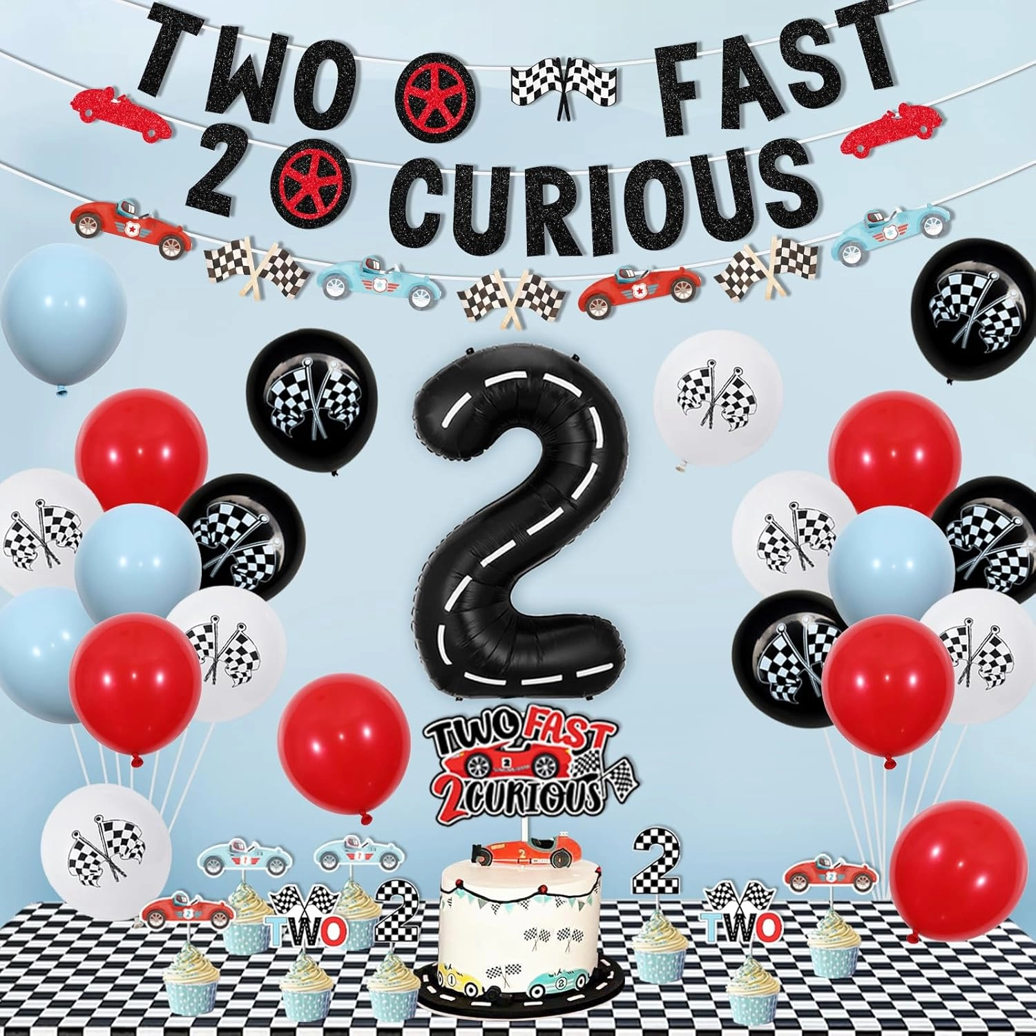 Jollyboom Two Fast Two Curious Birthday Decorations, Racing Car 2nd Birthday Decoration for Boy Racing Car Theme Banner Garland Cake Topper Number 2 Foil balloon for Boy Race Car Theme Birthday Party