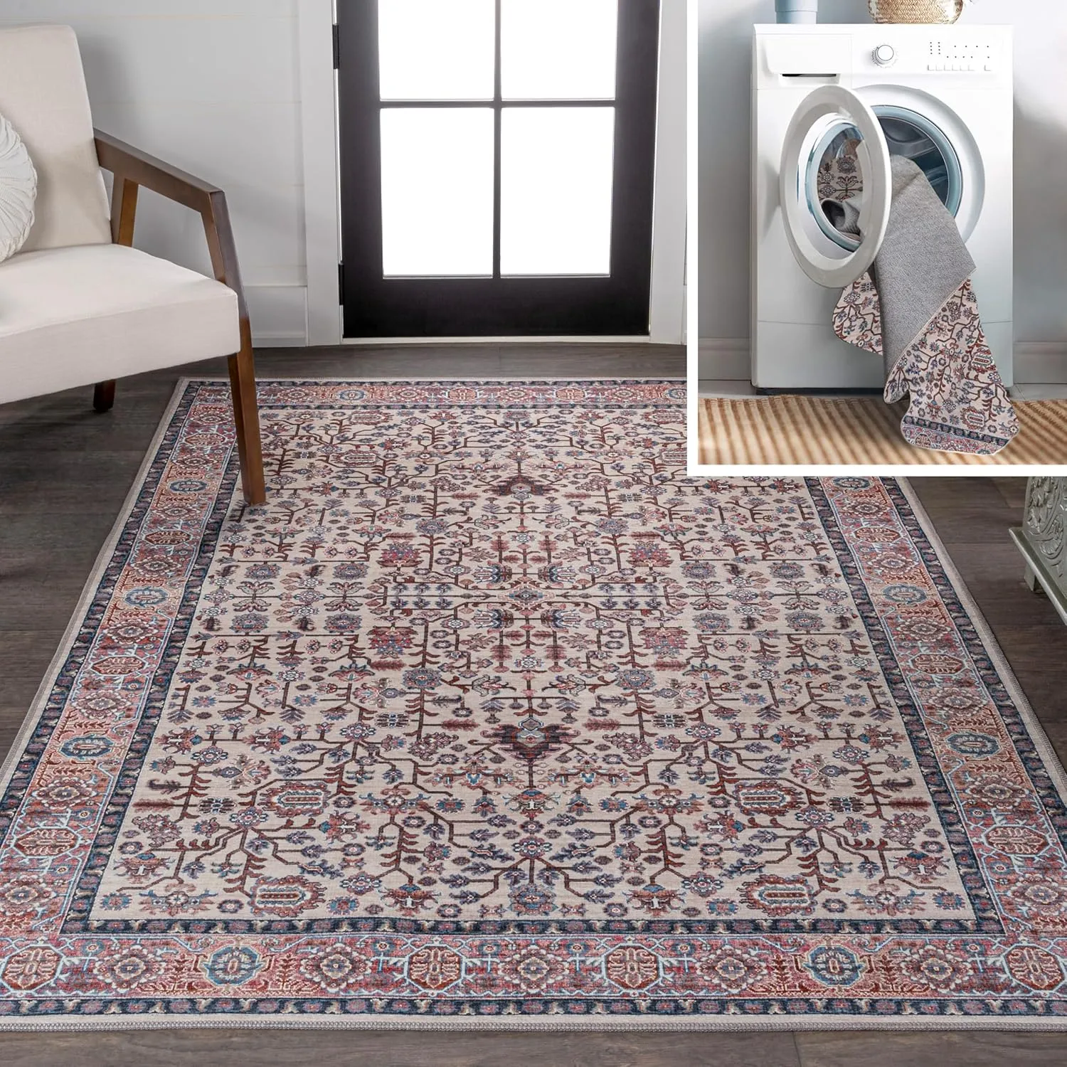 JONATHAN Y WSH104C-5 Kemer All-Over Machine-Washable Beige/Red/Blue 5 ft. x 8 ft. Area Rug, Easy to Clean, Non-Shedding for Home, Kitchen, Living Room, Bedroom, Dining Room