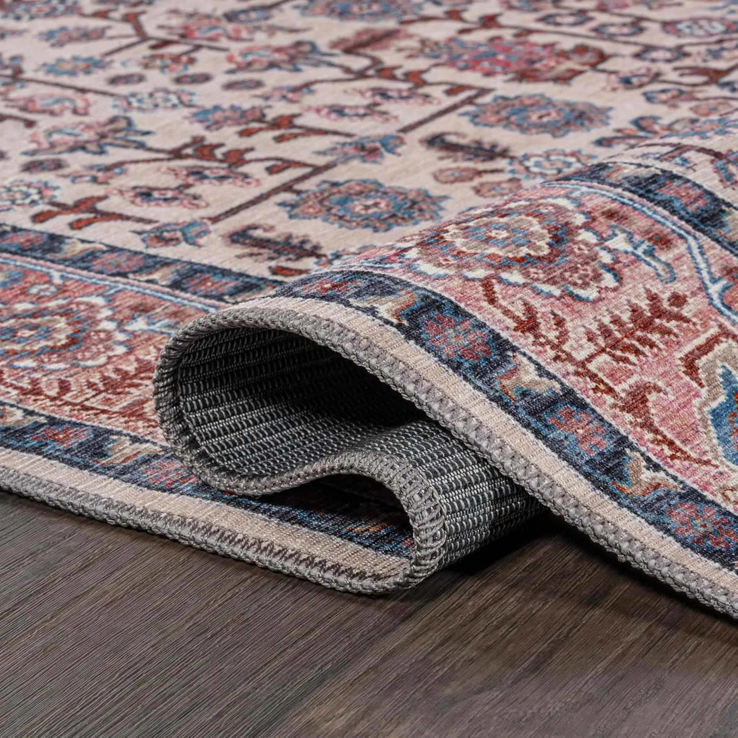 JONATHAN Y WSH104C-5 Kemer All-Over Machine-Washable Beige/Red/Blue 5 ft. x 8 ft. Area Rug, Easy to Clean, Non-Shedding for Home, Kitchen, Living Room, Bedroom, Dining Room