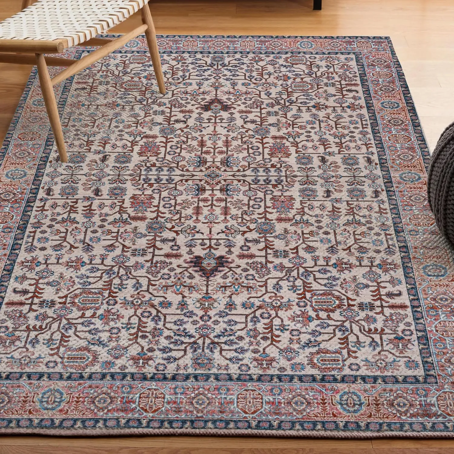 JONATHAN Y WSH104C-5 Kemer All-Over Machine-Washable Beige/Red/Blue 5 ft. x 8 ft. Area Rug, Easy to Clean, Non-Shedding for Home, Kitchen, Living Room, Bedroom, Dining Room