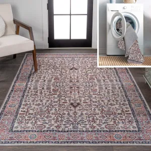 JONATHAN Y WSH104C-5 Kemer All-Over Machine-Washable Beige/Red/Blue 5 ft. x 8 ft. Area Rug, Easy to Clean, Non-Shedding for Home, Kitchen, Living Room, Bedroom, Dining Room