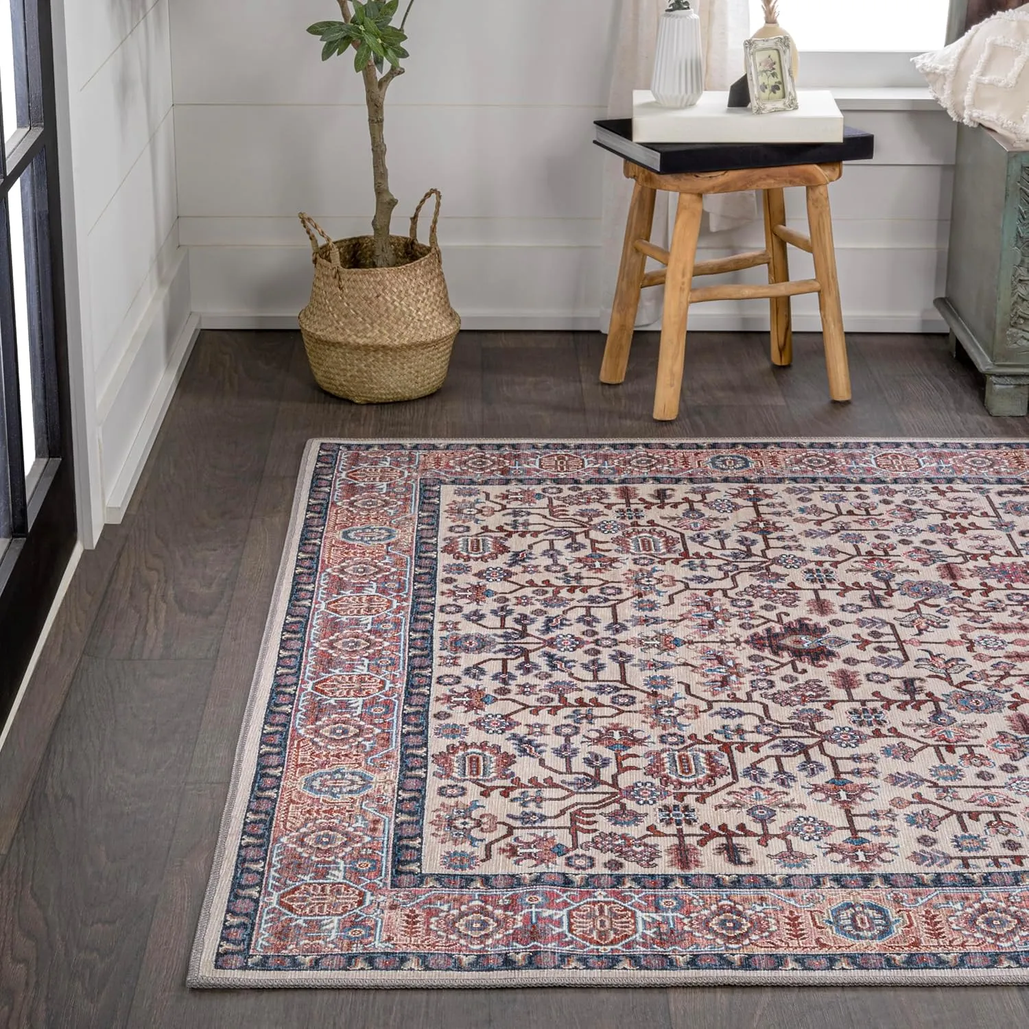 JONATHAN Y WSH104C-5 Kemer All-Over Machine-Washable Beige/Red/Blue 5 ft. x 8 ft. Area Rug, Easy to Clean, Non-Shedding for Home, Kitchen, Living Room, Bedroom, Dining Room