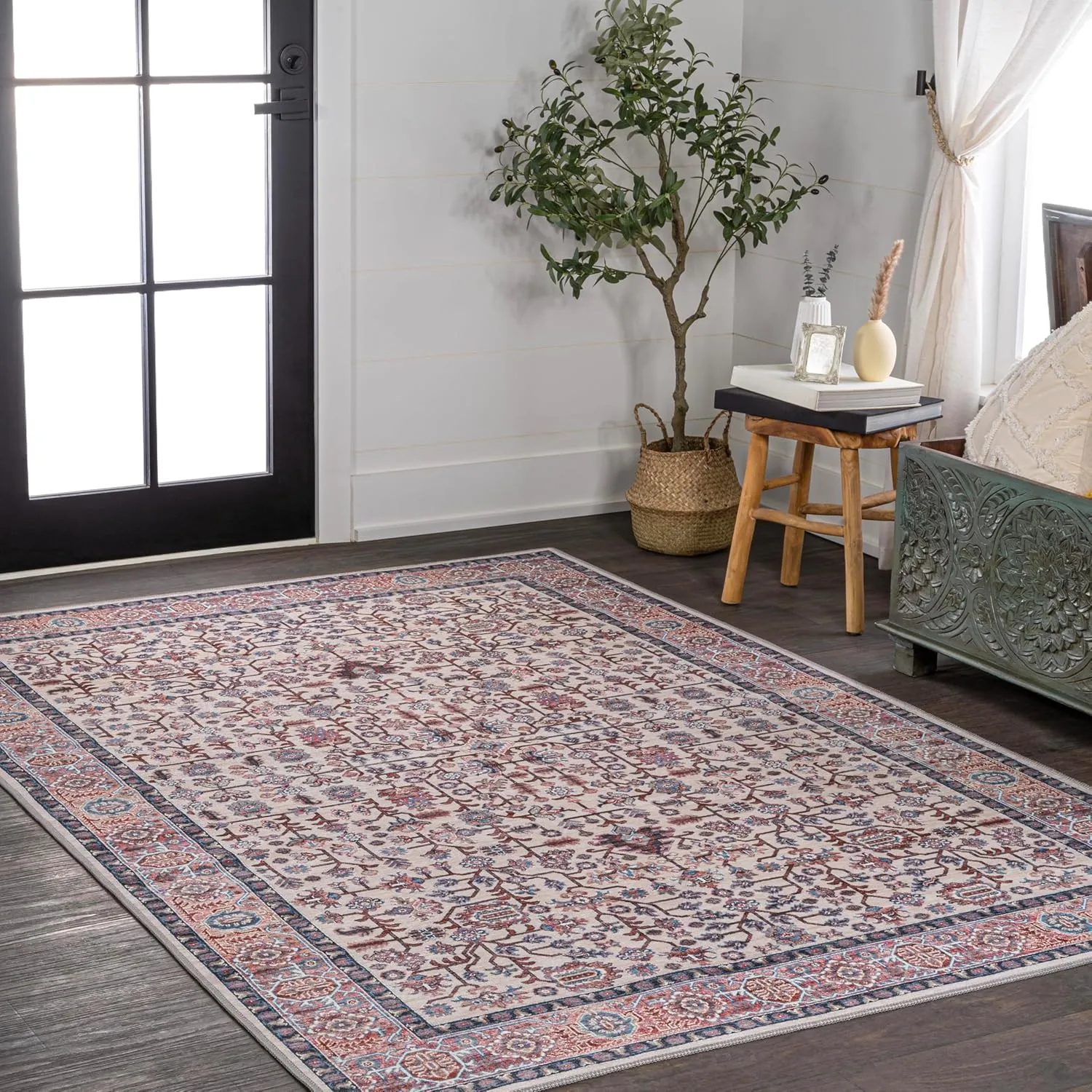 JONATHAN Y WSH104C-5 Kemer All-Over Machine-Washable Beige/Red/Blue 5 ft. x 8 ft. Area Rug, Easy to Clean, Non-Shedding for Home, Kitchen, Living Room, Bedroom, Dining Room