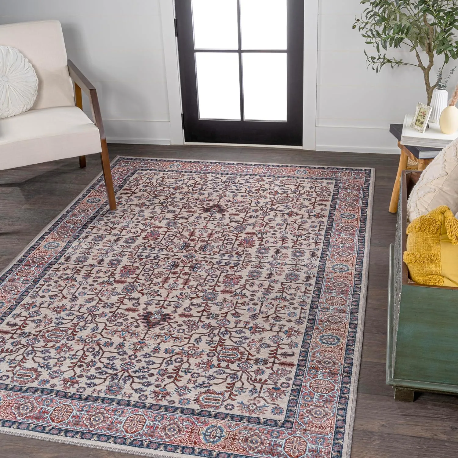 JONATHAN Y WSH104C-5 Kemer All-Over Machine-Washable Beige/Red/Blue 5 ft. x 8 ft. Area Rug, Easy to Clean, Non-Shedding for Home, Kitchen, Living Room, Bedroom, Dining Room