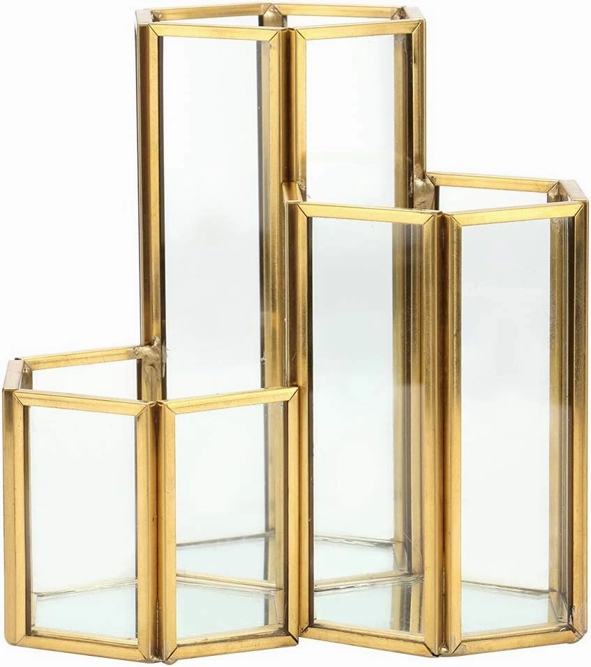Joyzan 3 Slots Glass Makeup Brush Holder, Gold Cosmetic Brushes Eyeliners Display Mirrored Cup Desktop Eyebrow Pen Pencil Case Hexagon Eye Liner Storage Organizer Home Women Dresser Vanity Desk Office