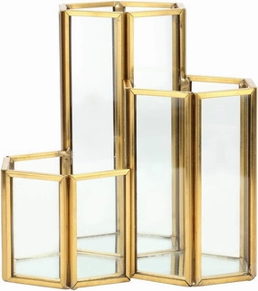 Joyzan 3 Slots Glass Makeup Brush Holder, Gold Cosmetic Brushes Eyeliners Display Mirrored Cup Desktop Eyebrow Pen Pencil Case Hexagon Eye Liner Storage Organizer Home Women Dresser Vanity Desk Office