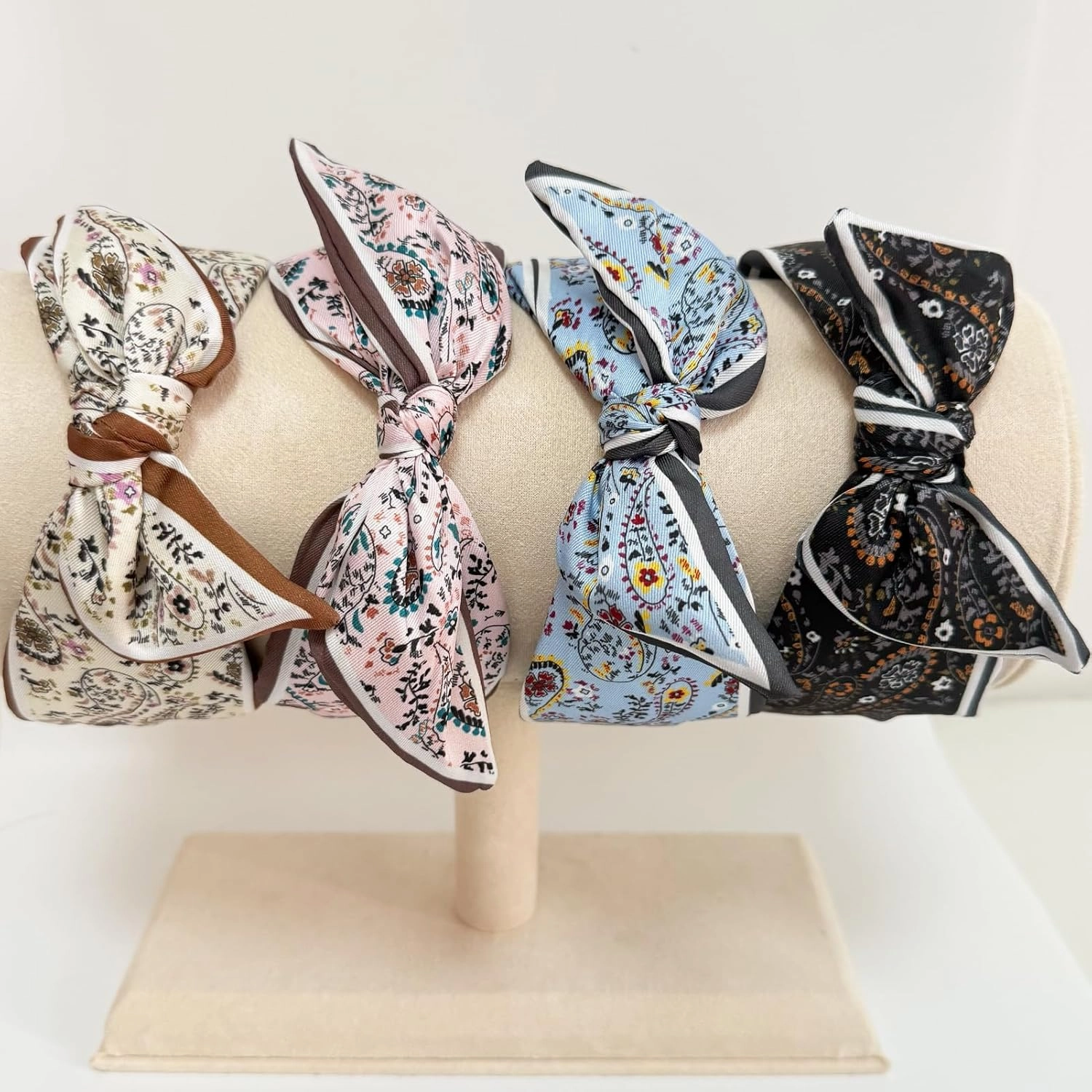 Jseng 4Packs Knotted Headbands for Women, Bow Headbands, Floral Bandana, Cute Rabbit Ear Hairbands Beige, Pink, Light Blue, Charcoal Grey