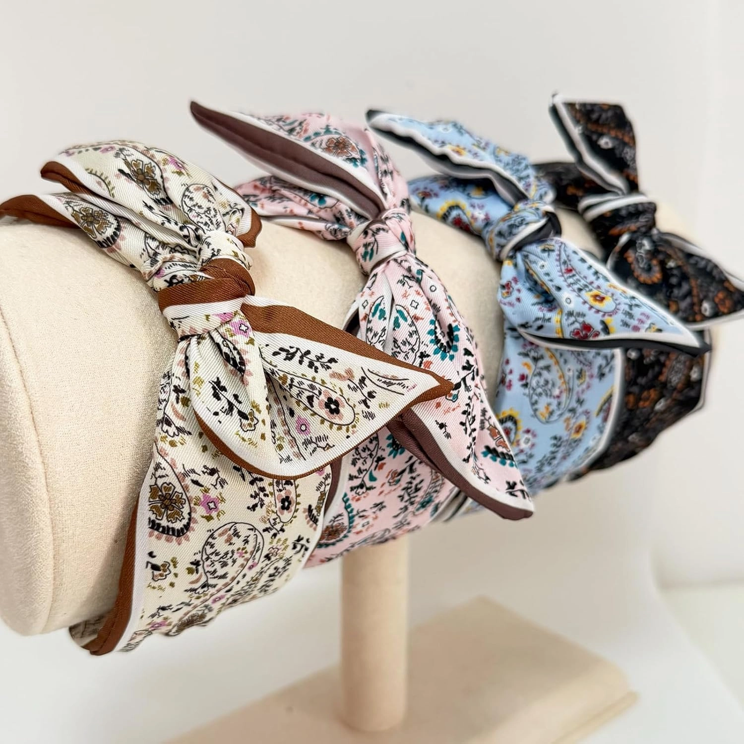 Jseng 4Packs Knotted Headbands for Women, Bow Headbands, Floral Bandana, Cute Rabbit Ear Hairbands Beige, Pink, Light Blue, Charcoal Grey