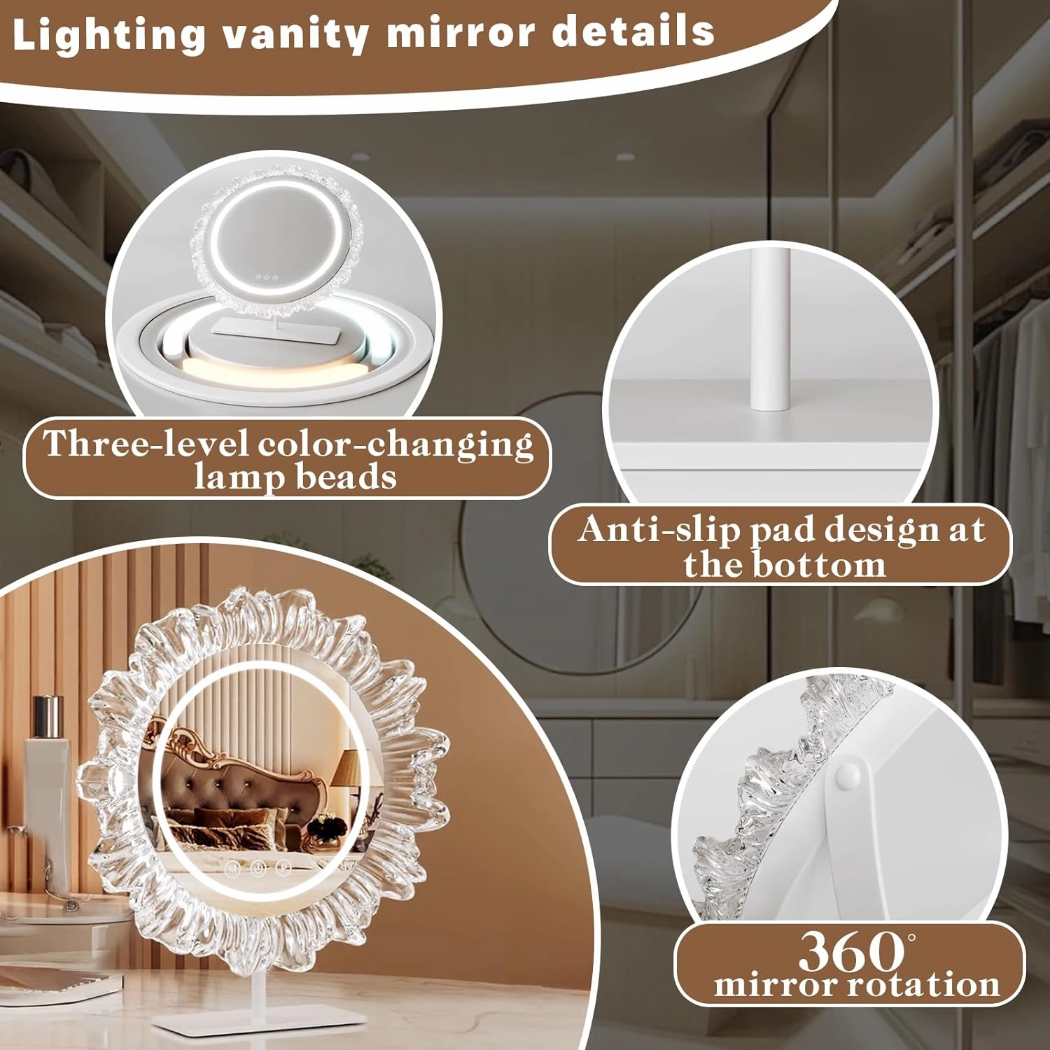 JSLJDM Lighted Makeup Mirror, 48 x 44cm, Dimmable LED Dressing Table Mirror and 3 Adjustable Brightness Modes, Acrylic Lace Design, Plug-in Model, White Gold 44x48cm
