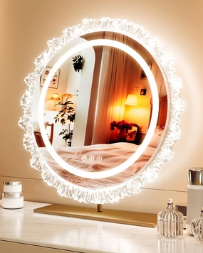 JSLJDM Lighted Makeup Mirror, 48 x 44cm, Dimmable LED Dressing Table Mirror and 3 Adjustable Brightness Modes, Acrylic Lace Design, Plug-in Model, White Gold 44x48cm