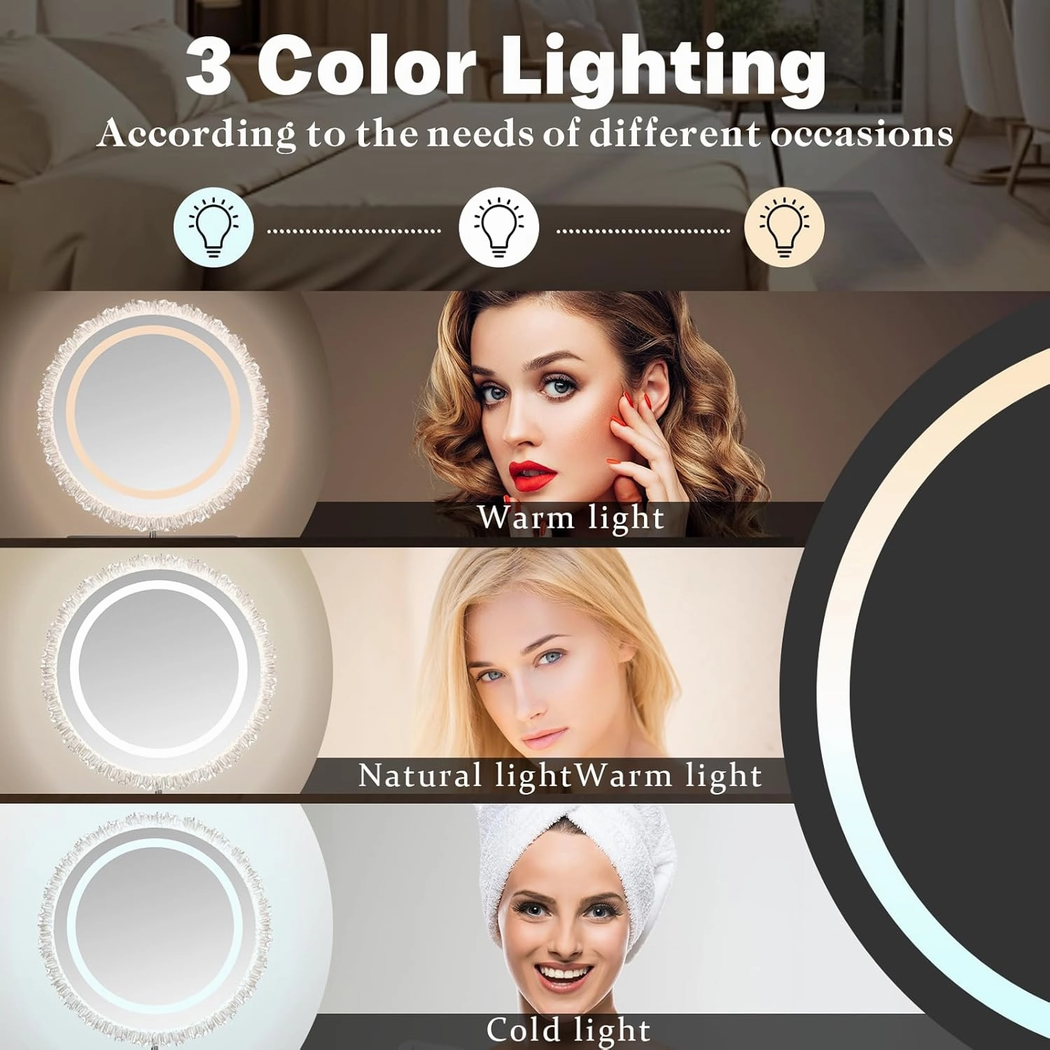 JSLJDM Lighted Makeup Mirror, 48 x 44cm, Dimmable LED Dressing Table Mirror and 3 Adjustable Brightness Modes, Acrylic Lace Design, Plug-in Model, White Gold 44x48cm