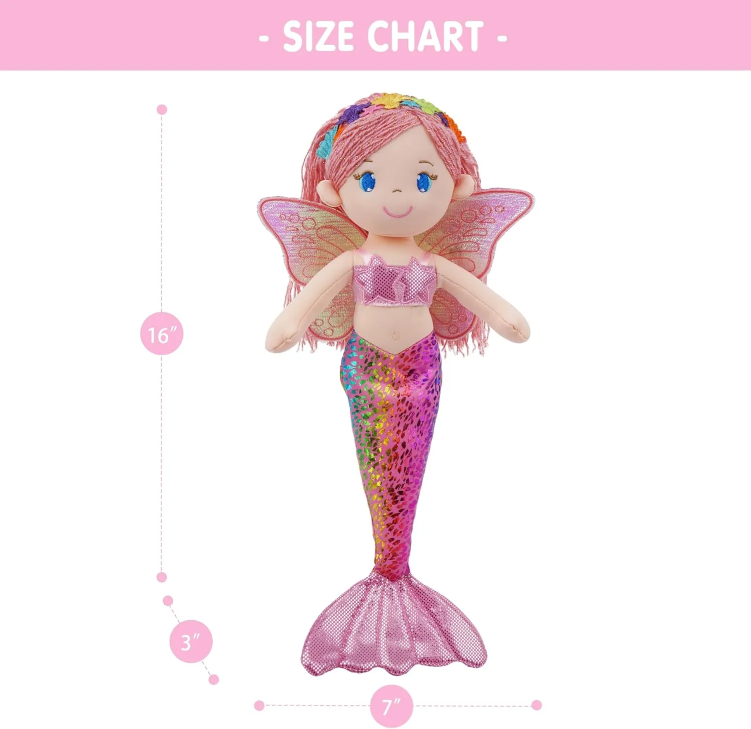 June Garden 16" Selina Pearl Mermaid Fairy Doll – Soft Plush Doll with Shimmery Wings & Sparkly Tail – Huggable Stuffed Toy Gift for Girls Age 18 Months and Up