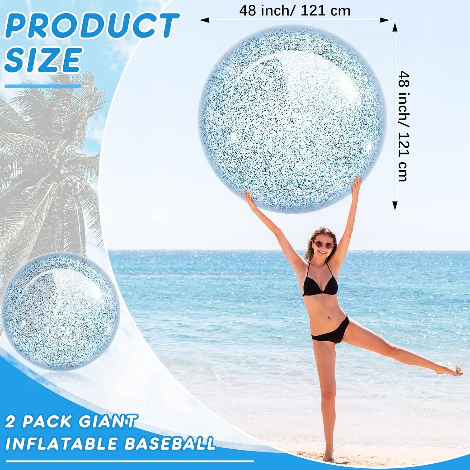 Junkin 2 Pcs 48'' Giant Sequins Beach Ball Inflatable Glitter Confetti Clear Large Jumbo Balls Water Beach Toys for Outdoor Summer Swimming Pool Party Favors(Blue)