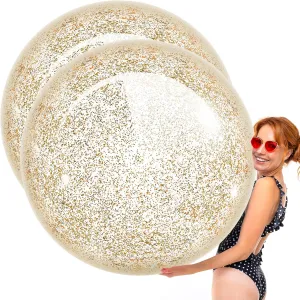 Junkin 2 Pcs 48'' Giant Sequins Beach Ball Inflatable Glitter Confetti Clear Large Jumbo Balls Water Beach Toys for Outdoor Summer Swimming Pool Party Favors(Gold)