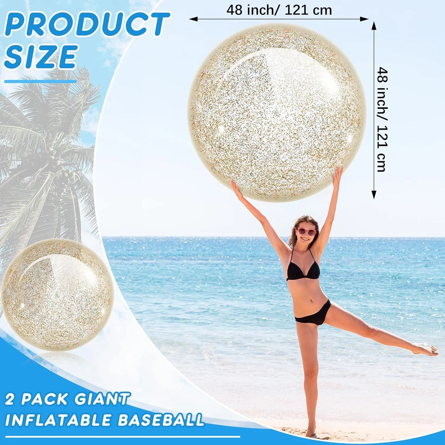 Junkin 2 Pcs 48'' Giant Sequins Beach Ball Inflatable Glitter Confetti Clear Large Jumbo Balls Water Beach Toys for Outdoor Summer Swimming Pool Party Favors(Gold)