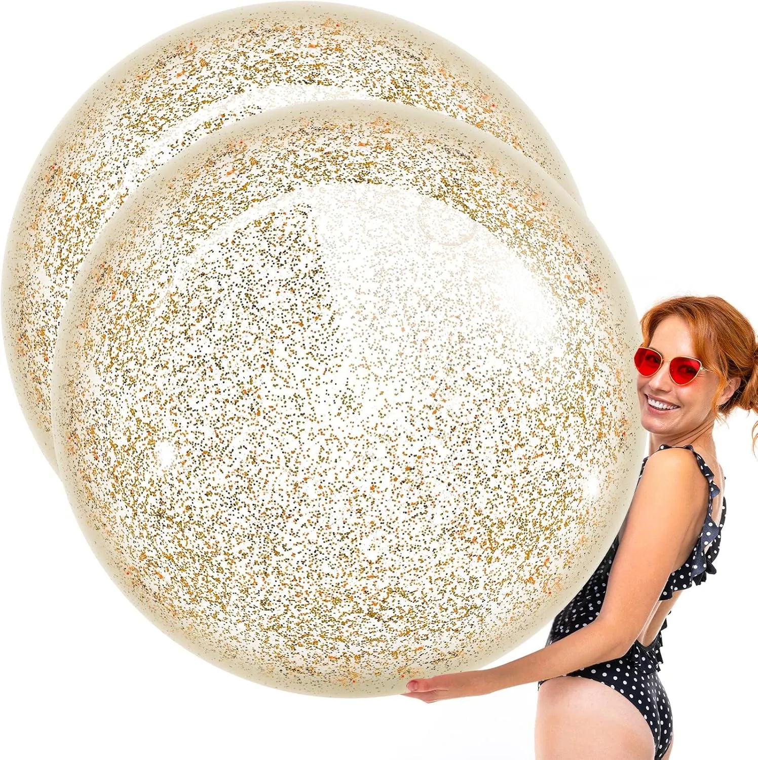 Junkin 2 Pcs 48'' Giant Sequins Beach Ball Inflatable Glitter Confetti Clear Large Jumbo Balls Water Beach Toys for Outdoor Summer Swimming Pool Party Favors(Gold)