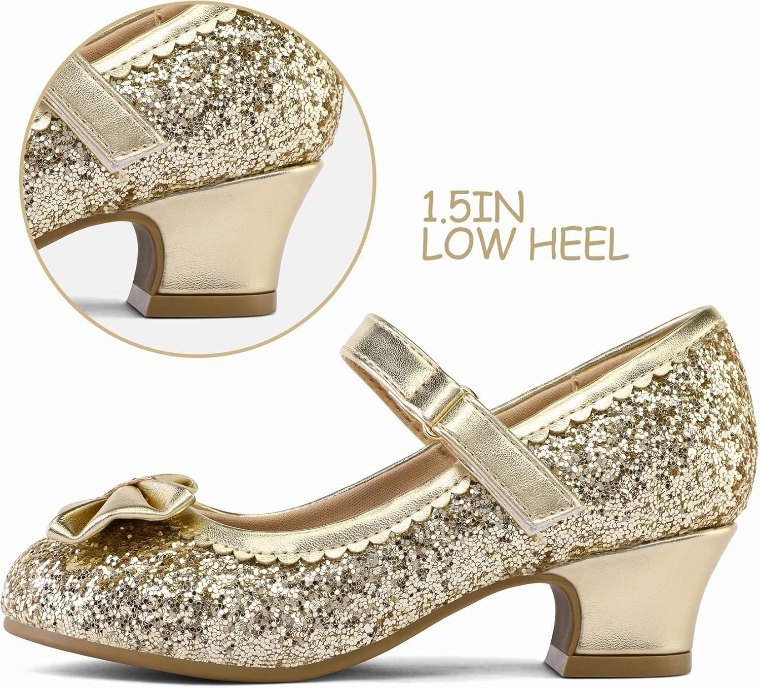 K KomForme Girl's Dress Shoes Mary Jane Glitter 1.5 in Low Heel Wedding Party Princess Shoes for Toddler/Little/Big Kids