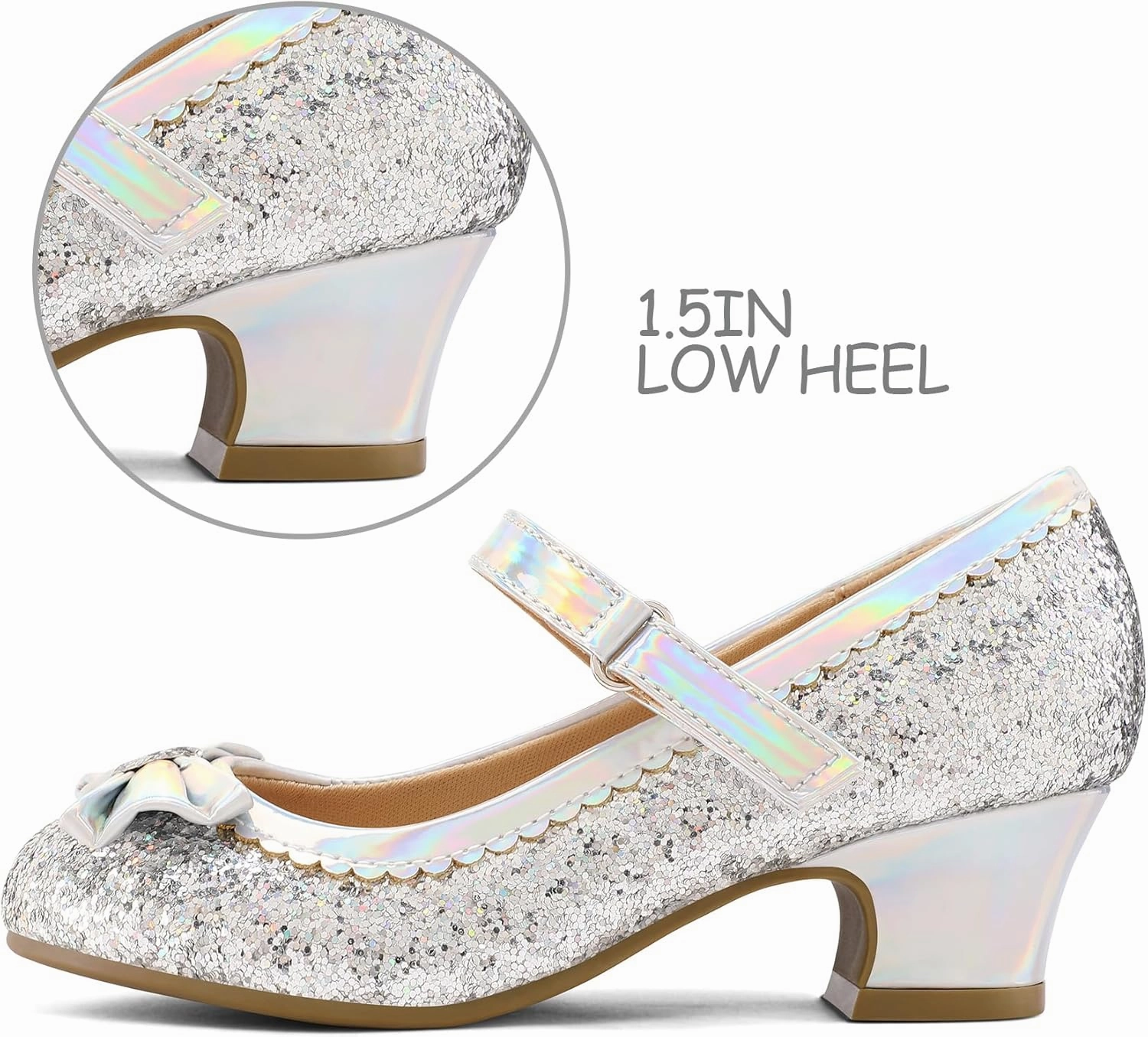K KomForme Girl's Dress Shoes Mary Jane Glitter 1.5 in Low Heel Wedding Party Princess Shoes for Toddler/Little/Big Kids