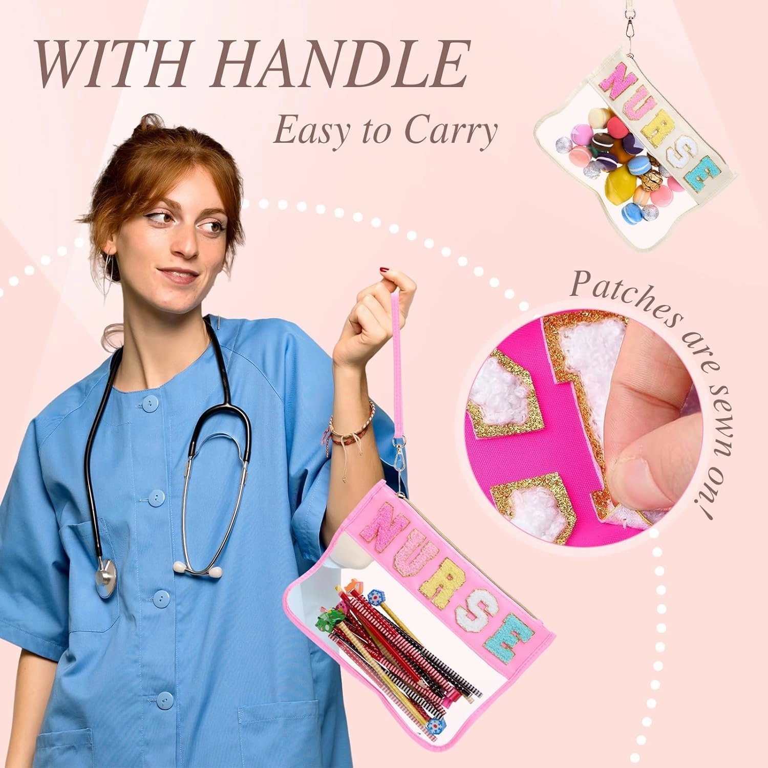 Kacctyen 6 Pcs Nurse Bags Chenille Letter Clear Makeup Bag with Zipper Waterproof Cosmetic Toiletry Pouch with Handle Gym Travel Summer Gifts for Girls Women Nurse (Multicolor, Nurse)