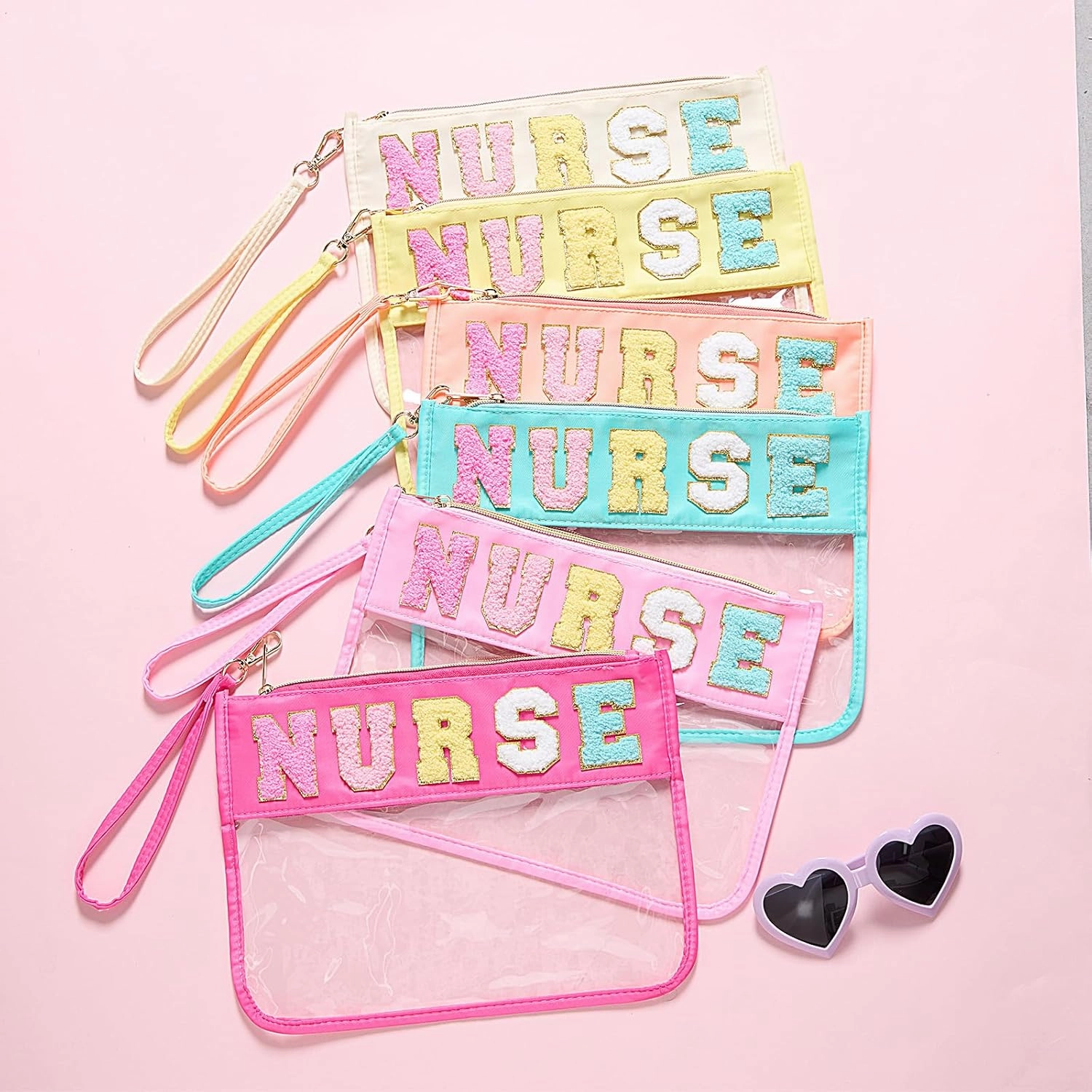 Kacctyen 6 Pcs Nurse Bags Chenille Letter Clear Makeup Bag with Zipper Waterproof Cosmetic Toiletry Pouch with Handle Gym Travel Summer Gifts for Girls Women Nurse (Multicolor, Nurse)