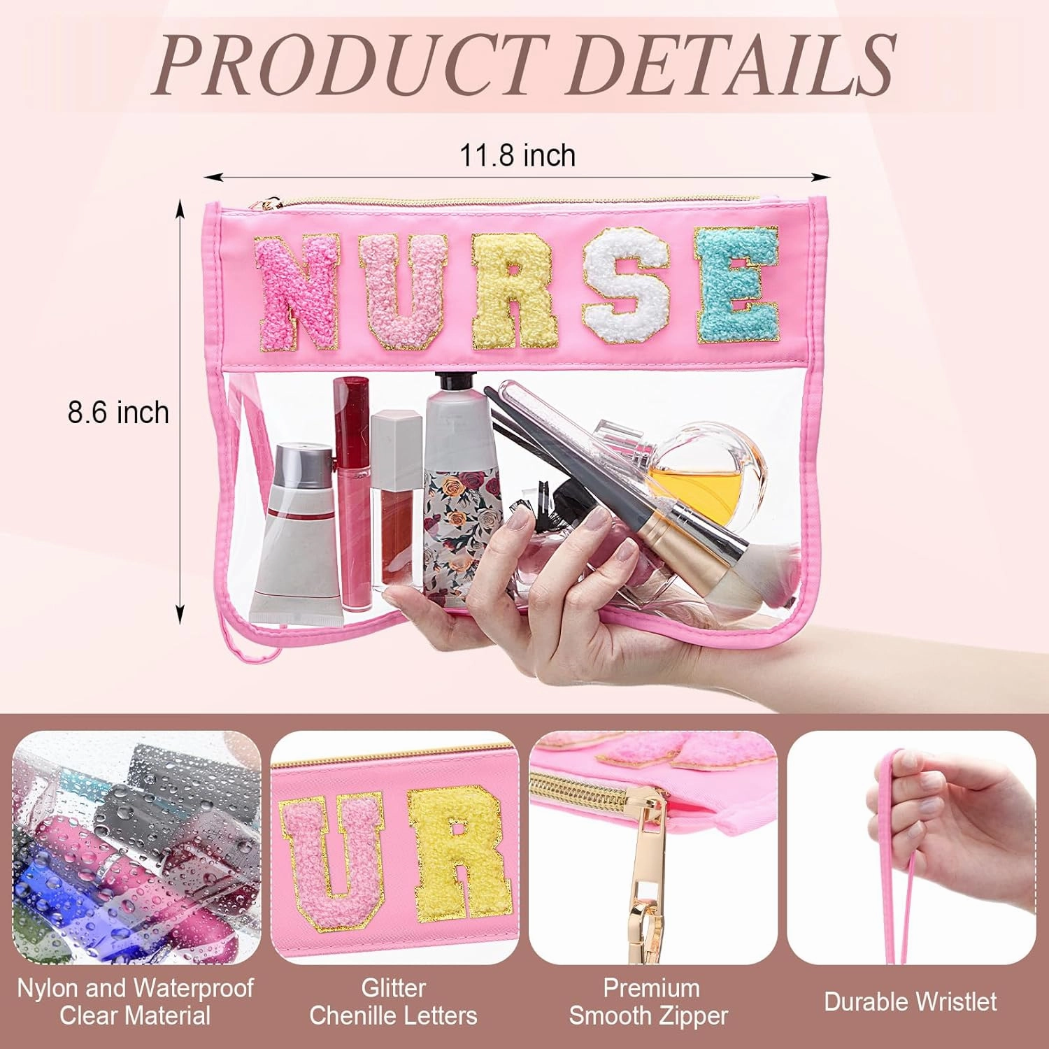 Kacctyen 6 Pcs Nurse Bags Chenille Letter Clear Makeup Bag with Zipper Waterproof Cosmetic Toiletry Pouch with Handle Gym Travel Summer Gifts for Girls Women Nurse (Multicolor, Nurse)