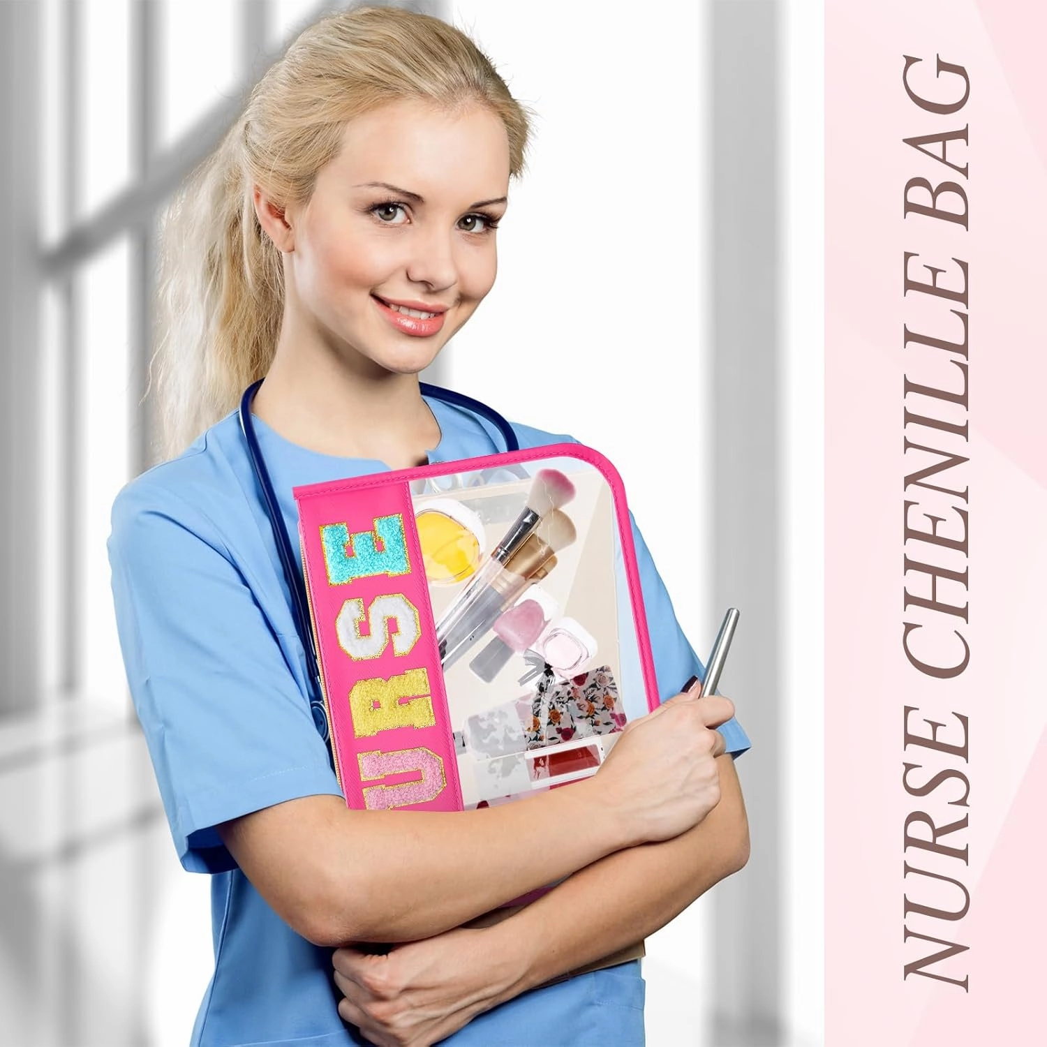 Kacctyen 6 Pcs Nurse Bags Chenille Letter Clear Makeup Bag with Zipper Waterproof Cosmetic Toiletry Pouch with Handle Gym Travel Summer Gifts for Girls Women Nurse (Multicolor, Nurse)