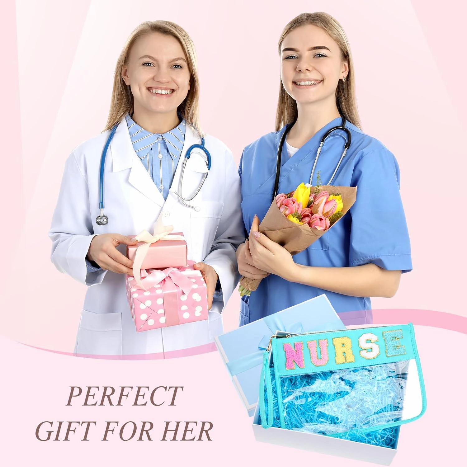 Kacctyen 6 Pcs Nurse Bags Chenille Letter Clear Makeup Bag with Zipper Waterproof Cosmetic Toiletry Pouch with Handle Gym Travel Summer Gifts for Girls Women Nurse (Multicolor, Nurse)