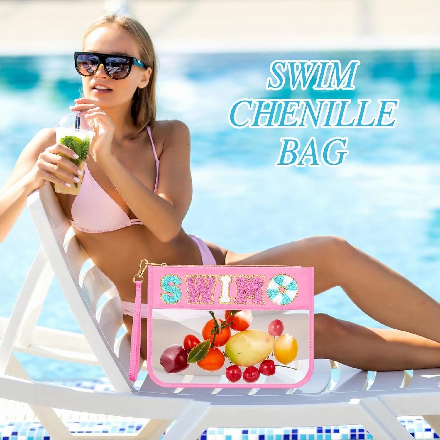 Kacctyen 6 Pcs Swim Bags Chenille Letter Clear Makeup Bag with Zipper Waterproof Cosmetic Toiletry Pouch with Handle Gym Travel Summer Gifts for Women Girls(Multicolor, Swim)