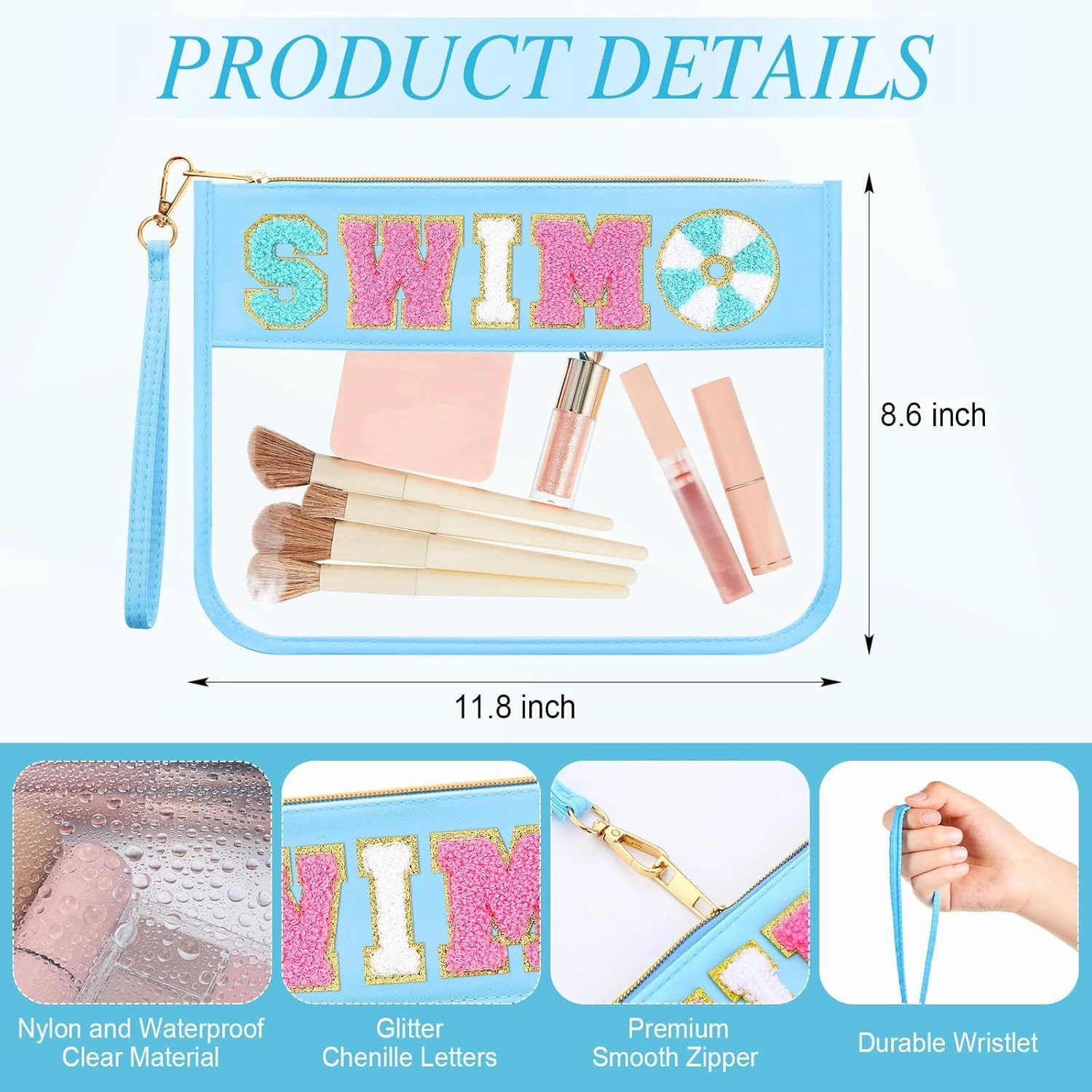 Kacctyen 6 Pcs Swim Bags Chenille Letter Clear Makeup Bag with Zipper Waterproof Cosmetic Toiletry Pouch with Handle Gym Travel Summer Gifts for Women Girls(Multicolor, Swim)