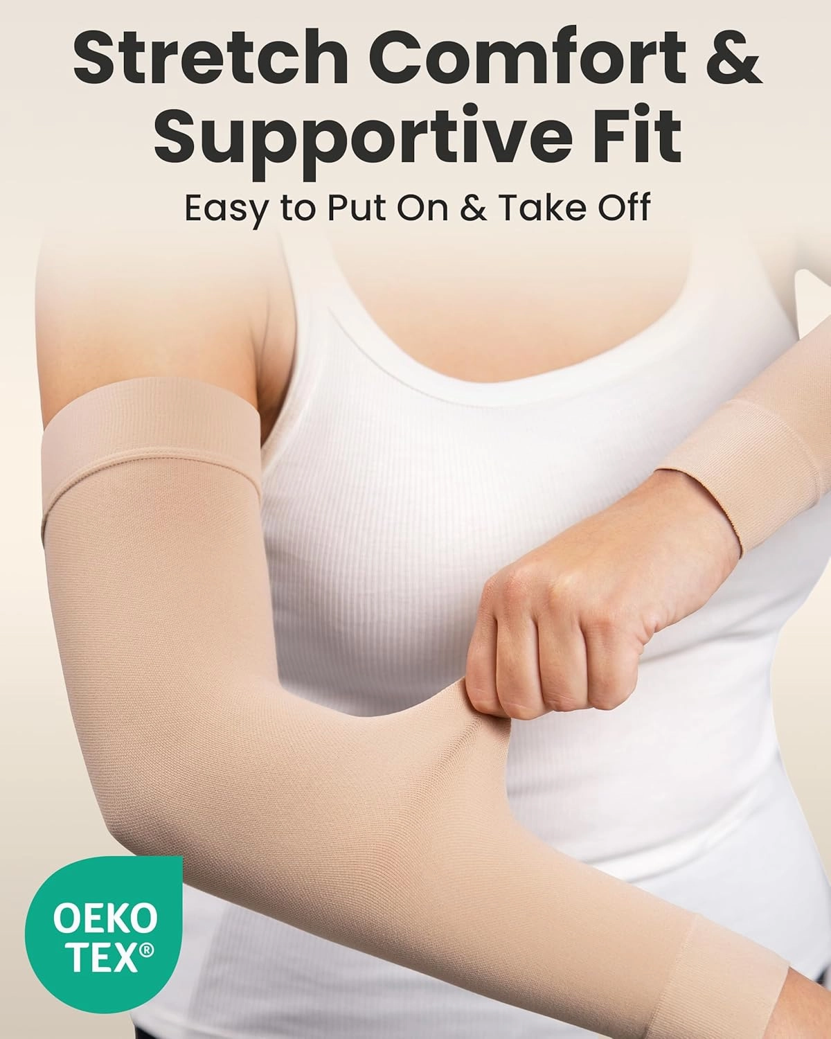 KEMFORD Compression Lymphedema Arm Sleeves for Women - 15-20 mmHg, 1 Pair, Beige, S/M - Medical Arm Brace for Swelling, Edema, Circulation