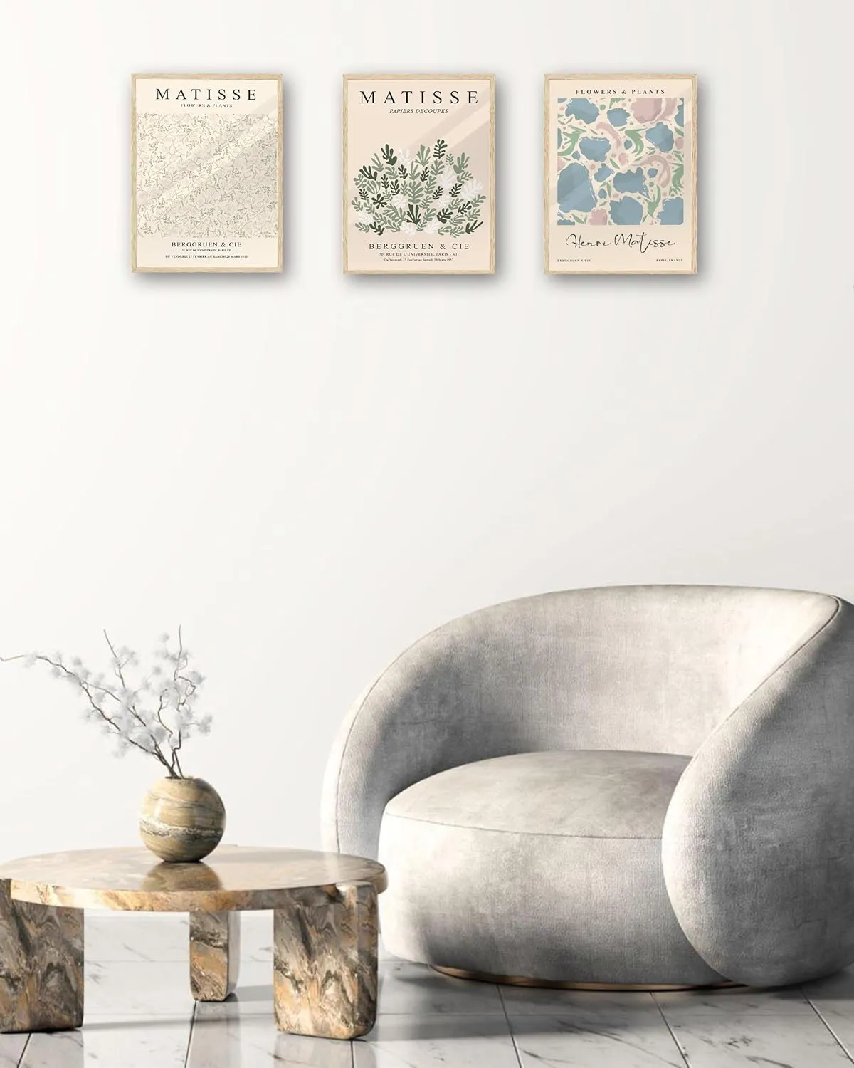 KensTro Matisse Wall Art Framed,12" x 16" Natural Beige Canvas Wall Art,12x16in Henri Matisse Artwork Poster Print Pictures,Minimalist Modern Boho Wall Decor for Living Room,Bedroom,Bathroom Set of 3