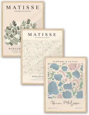 KensTro Matisse Wall Art Framed,12" x 16" Natural Beige Canvas Wall Art,12x16in Henri Matisse Artwork Poster Print Pictures,Minimalist Modern Boho Wall Decor for Living Room,Bedroom,Bathroom Set of 3