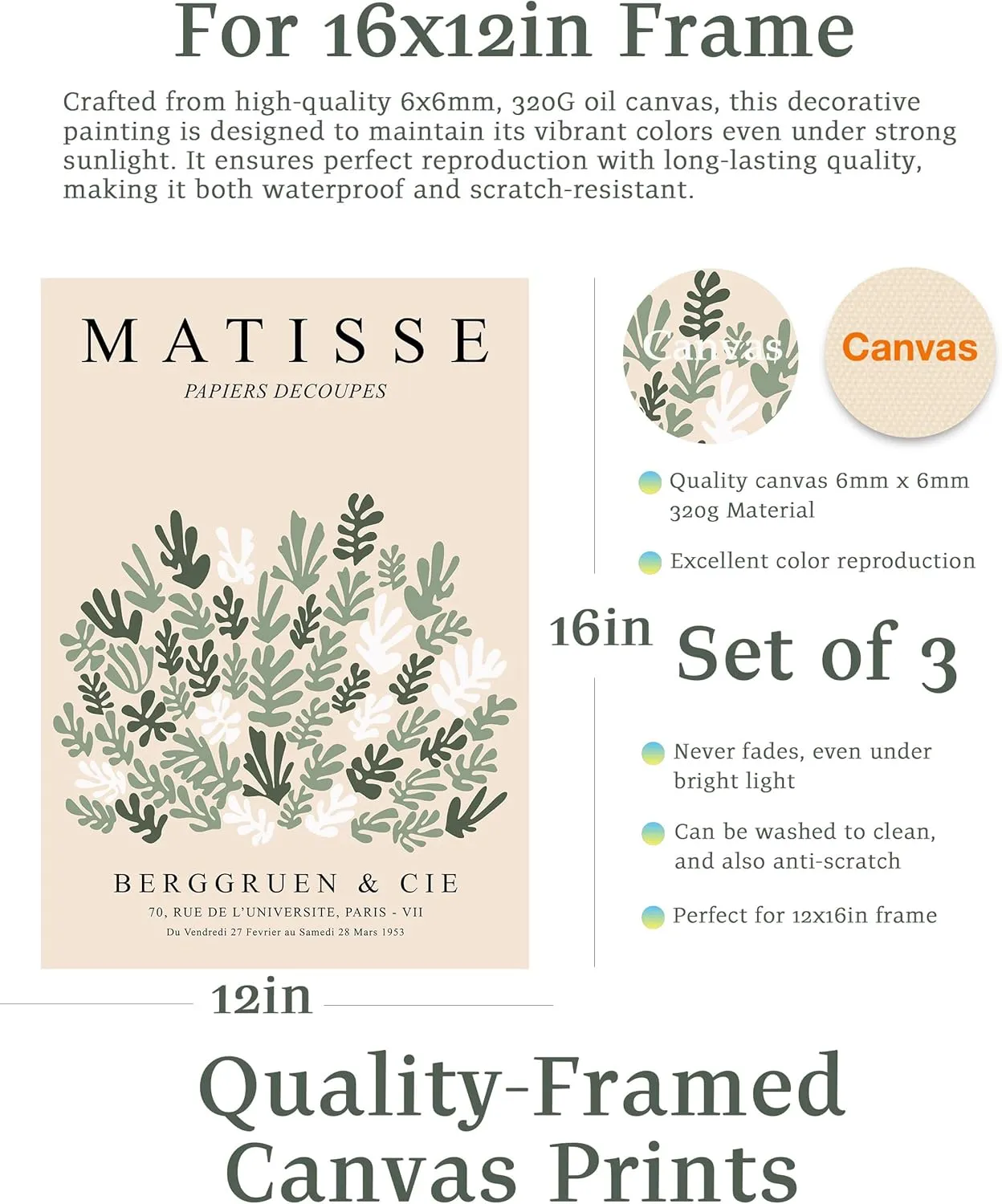 KensTro Matisse Wall Art Framed,12" x 16" Natural Beige Canvas Wall Art,12x16in Henri Matisse Artwork Poster Print Pictures,Minimalist Modern Boho Wall Decor for Living Room,Bedroom,Bathroom Set of 3