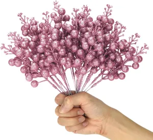 Kesywale Artificial Pink Berry Stems, 24 Pack 8.7" Christmas Glitter Berries Stems Artificial Fruit Berry Holly Flower Branch Picks Home Holiday Wedding Party DIY Christmas Tree Crafts Decor (Pink)