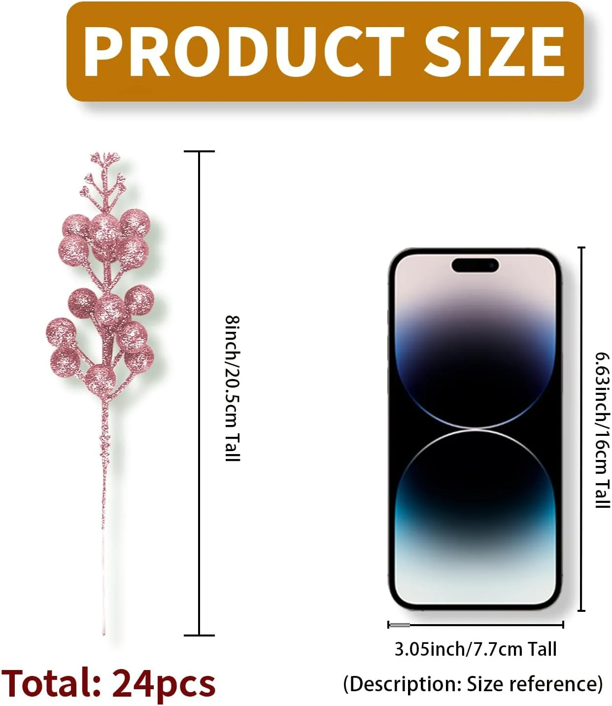 Kesywale Artificial Pink Berry Stems, 24 Pack 8.7" Christmas Glitter Berries Stems Artificial Fruit Berry Holly Flower Branch Picks Home Holiday Wedding Party DIY Christmas Tree Crafts Decor (Pink)