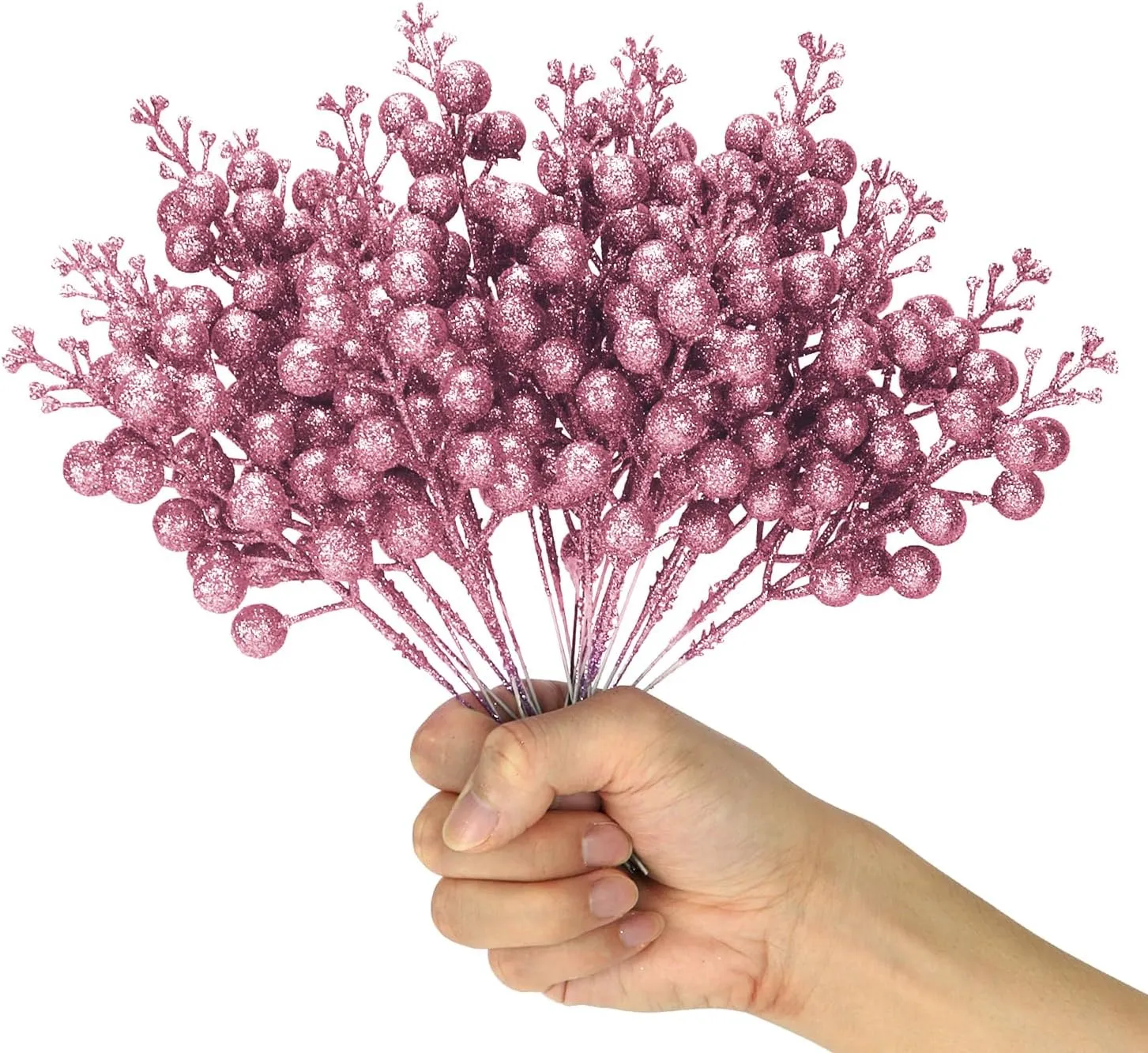 Kesywale Artificial Pink Berry Stems, 24 Pack 8.7" Christmas Glitter Berries Stems Artificial Fruit Berry Holly Flower Branch Picks Home Holiday Wedding Party DIY Christmas Tree Crafts Decor (Pink)