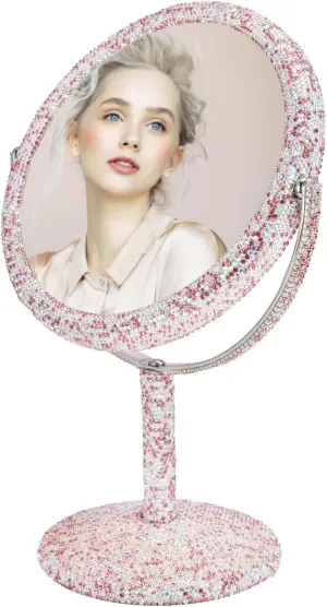 KEYPOWER Bling Rhinestone Makeup Vanity Mirror Round with Stand Double Side Cosmetic Glitter Movable Desk Bathroom Bedroom Tabletop(Pink)