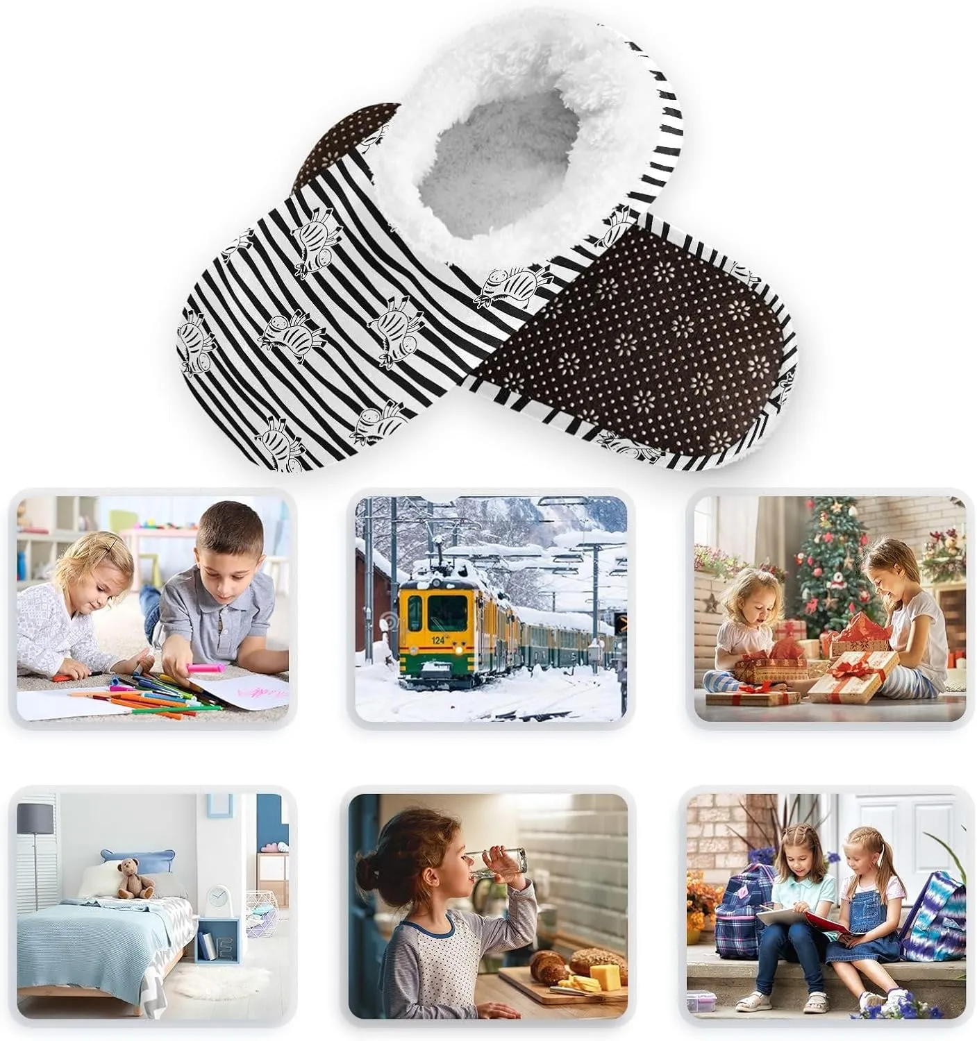Kids Winter Slippers Zebra Seamless Pattern Cartoon Striped Warm Soft Non Slip House Slippers for Boys Girls Indoor